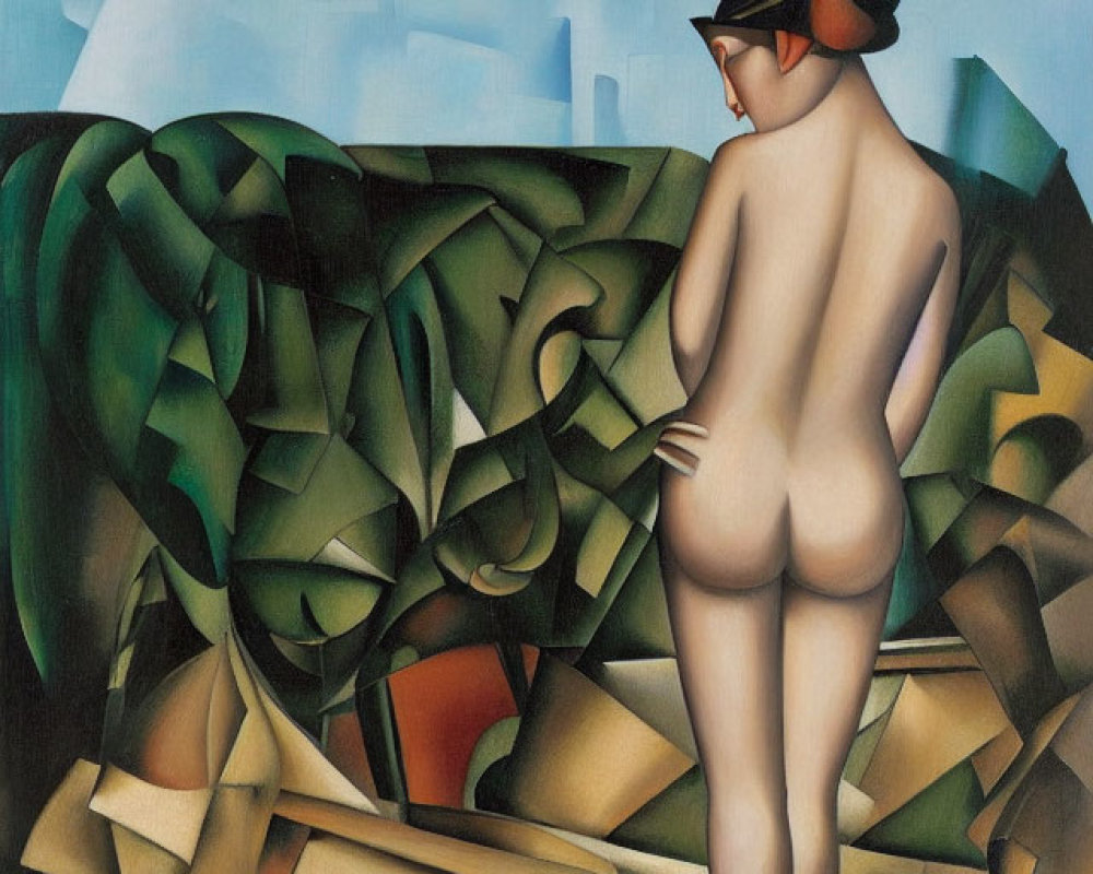 Stylized painting of nude figure with mask in abstract landscape