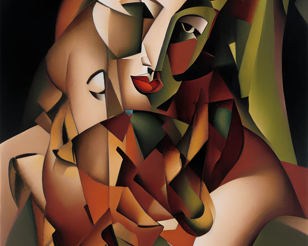 Abstract Cubist-style Painting of Fragmented Female Figure in Earthy and Green Tones