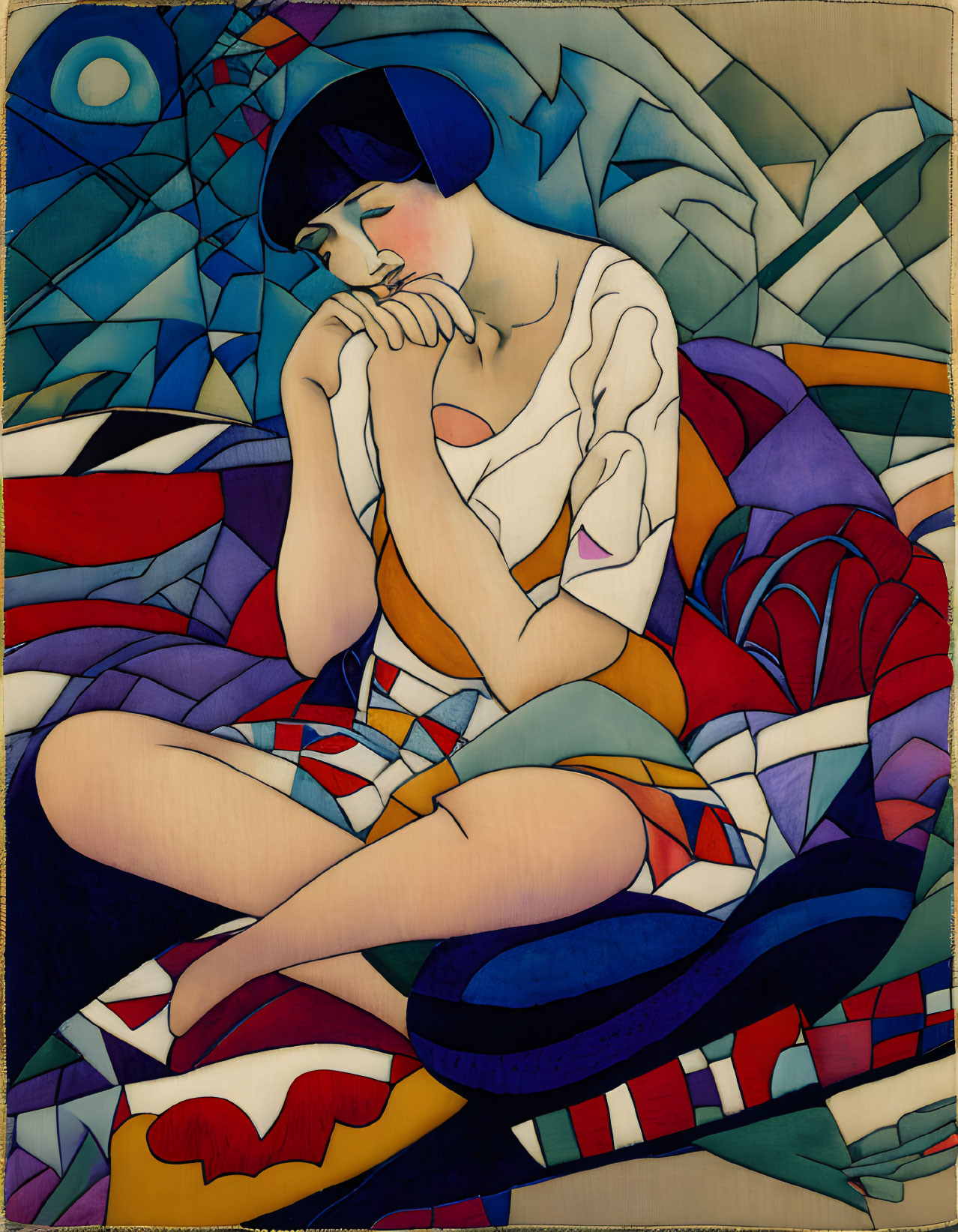 Stylized illustration of woman sitting with crossed legs amid colorful patterns