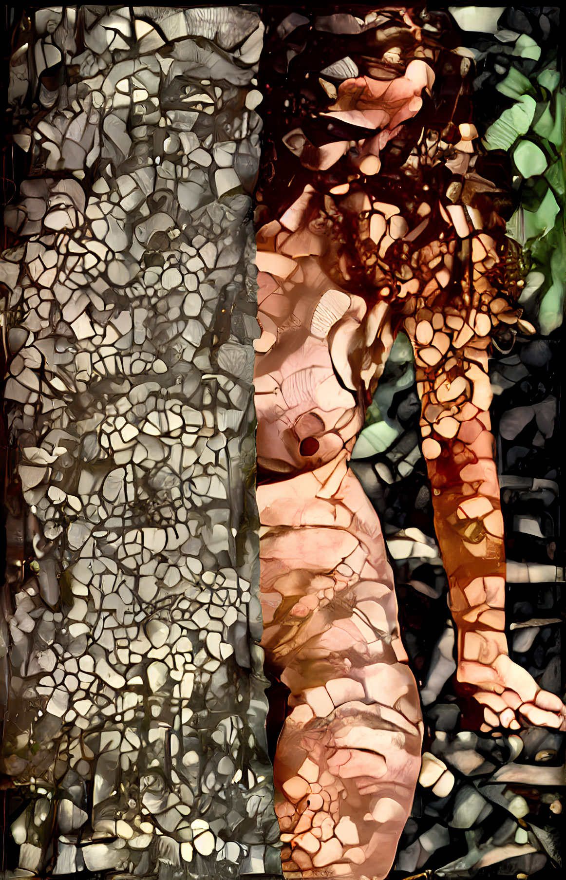 Abstract human figure with mosaic textures in warm and cool tones