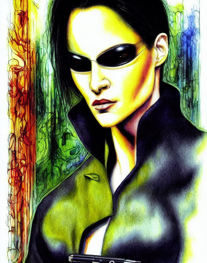 Vibrant woman illustration in sunglasses and black coat