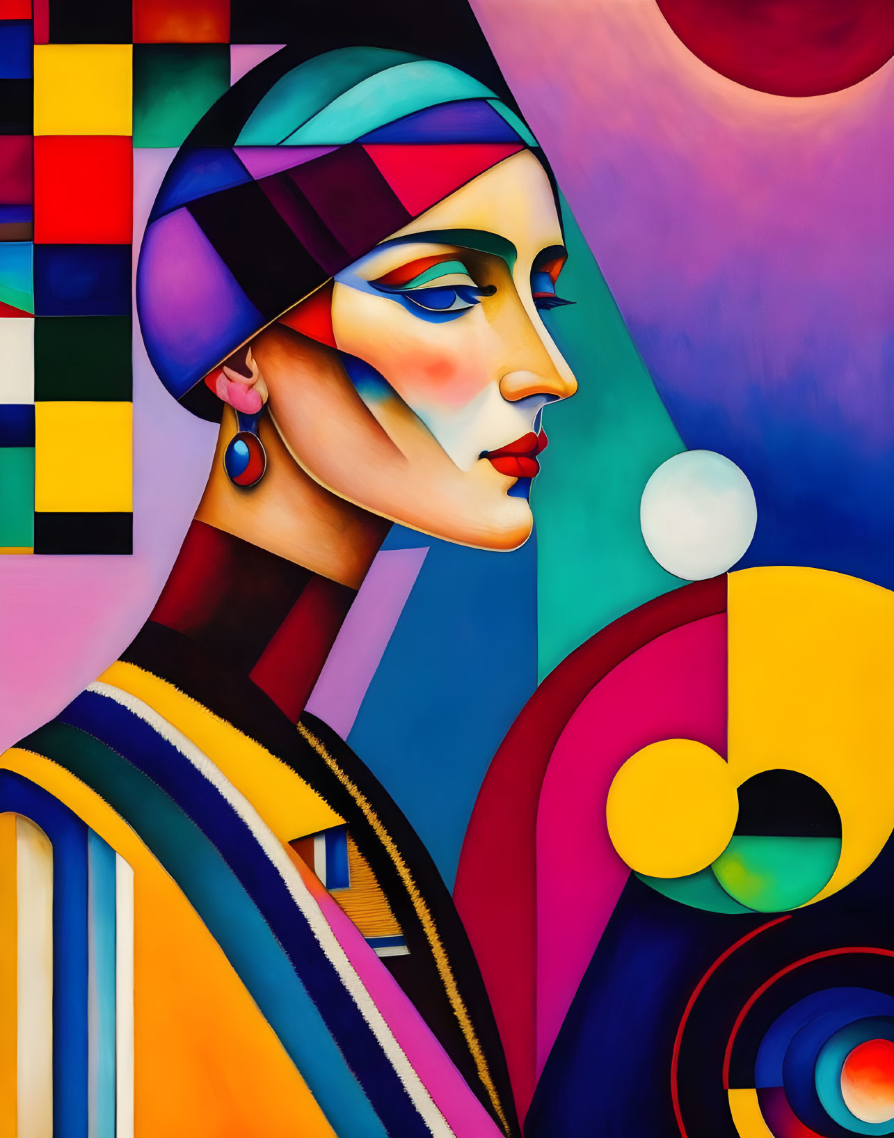 Colorful Cubist-Style Woman Painting with Geometric Shapes