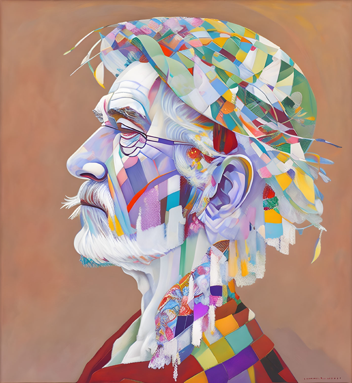 Vibrant abstract portrait of a bearded man with geometric patterns