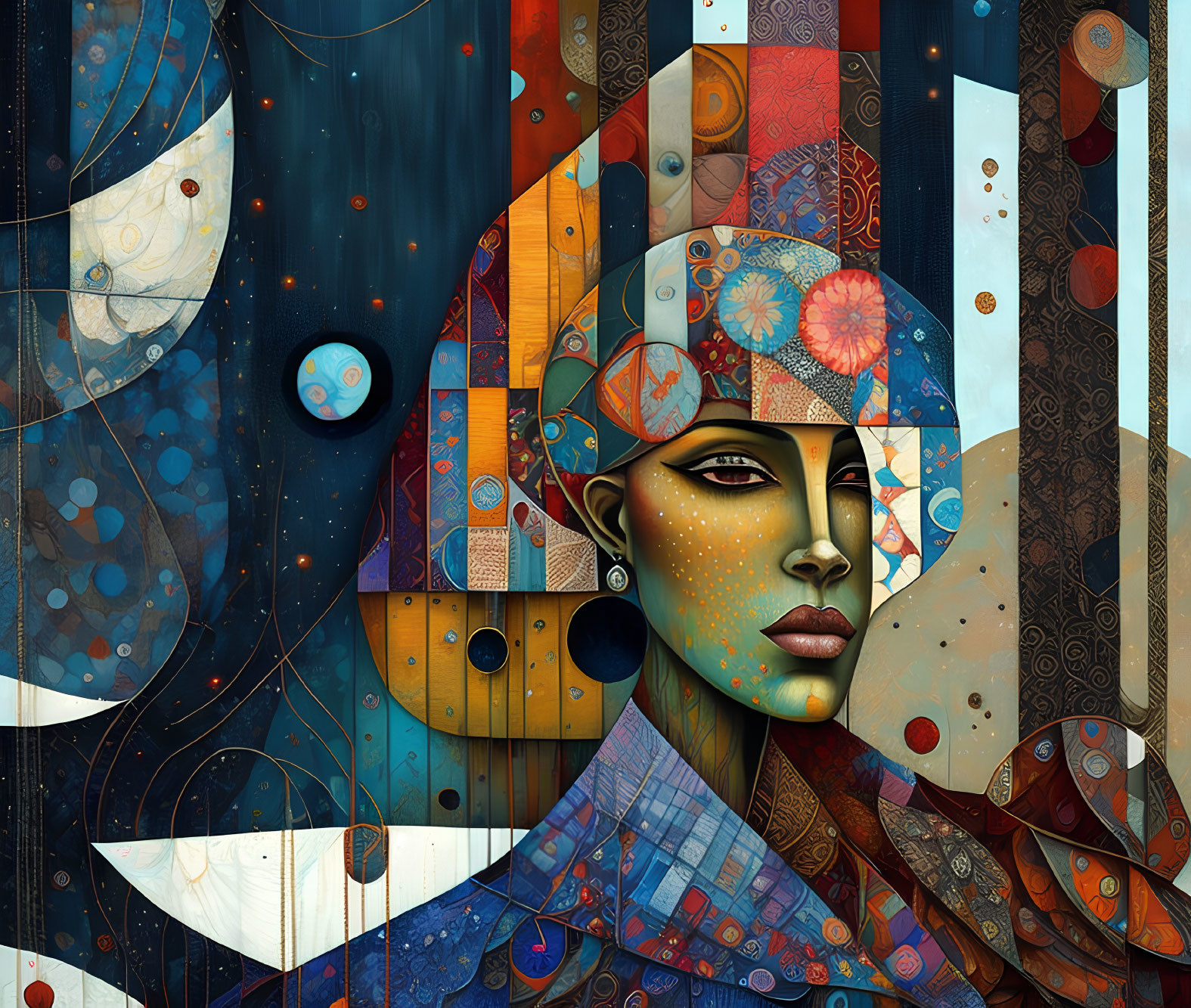 Colorful digital artwork featuring stylized woman's face with intricate patterns and cosmic elements.