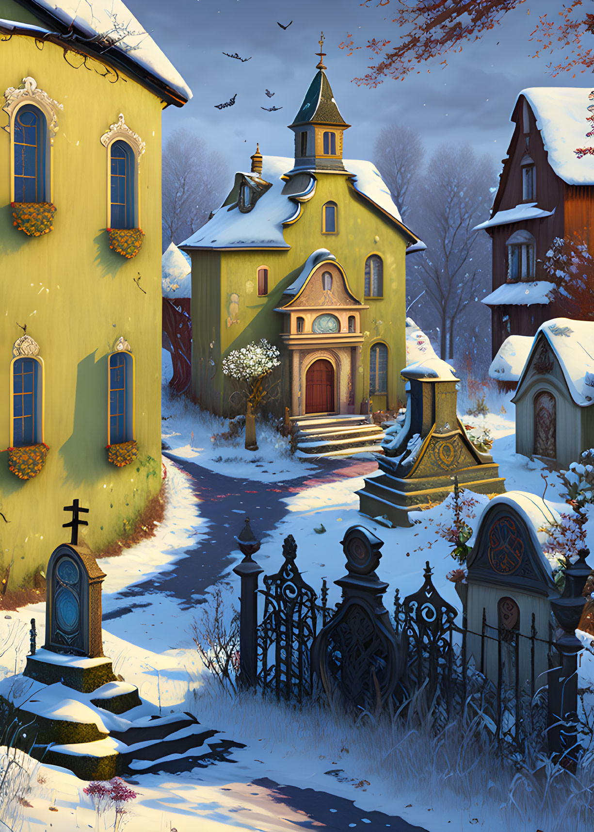 Snowy village with church, iron gate, and birds in twilight sky