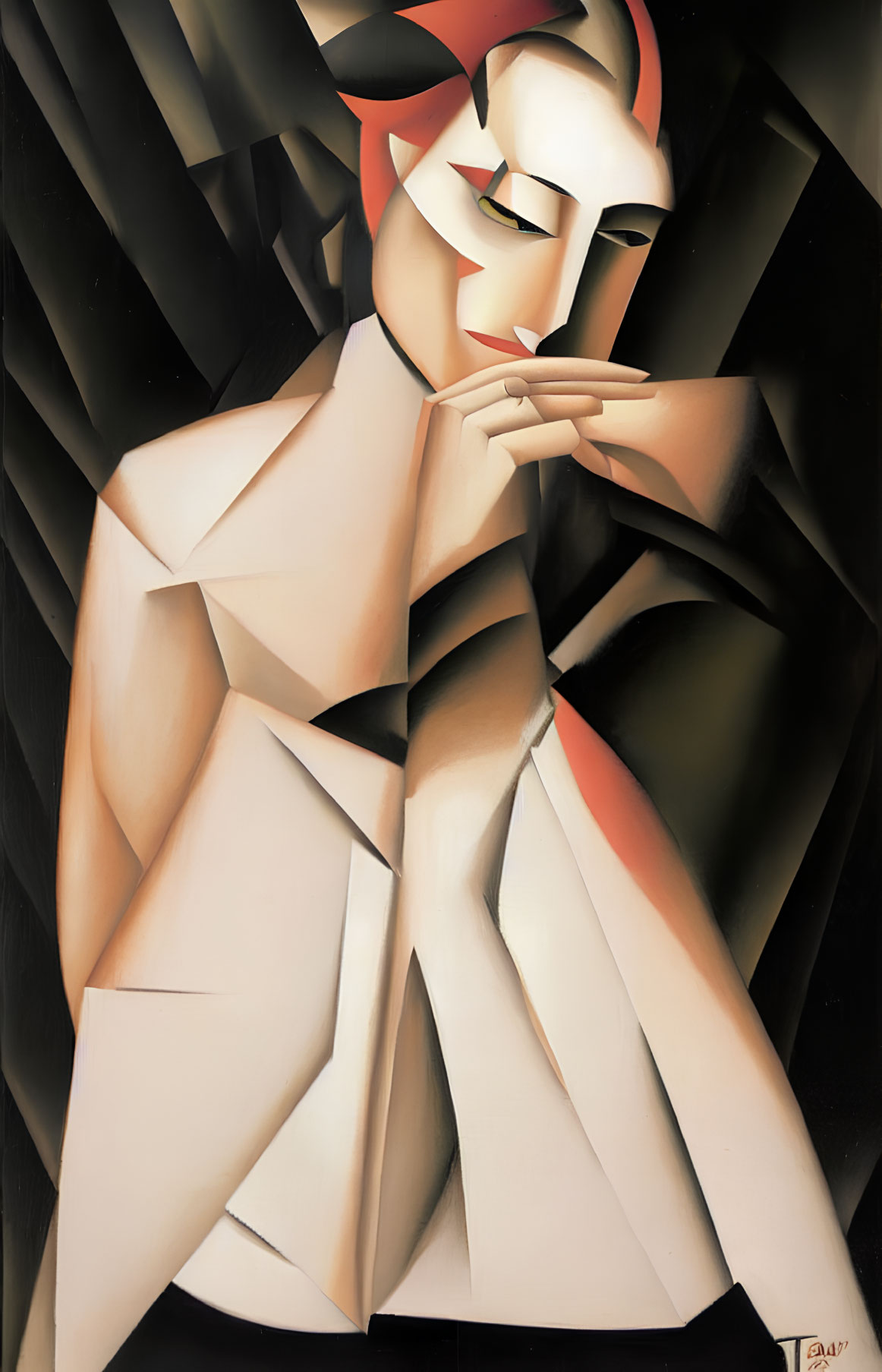 Cubist-style Figure Painting in Cream and Brown Tones