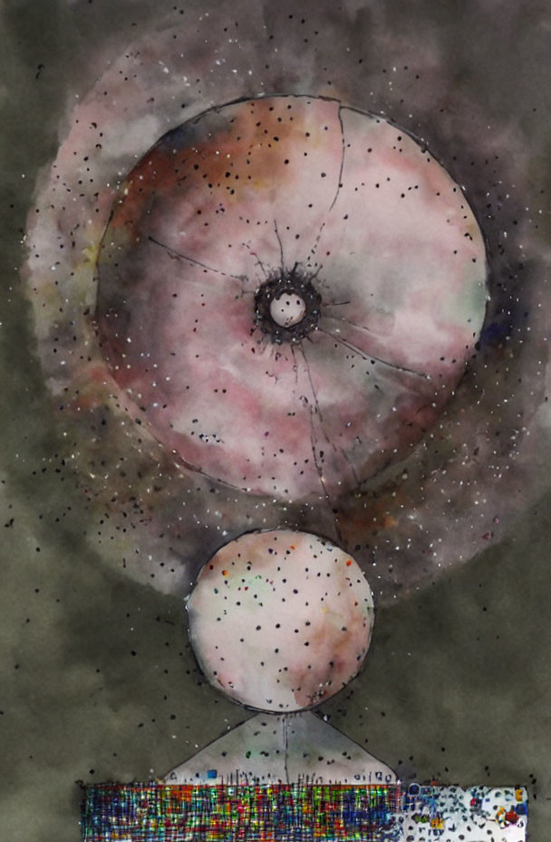 Abstract Watercolor Painting with Large and Small Spheres on Dark Background