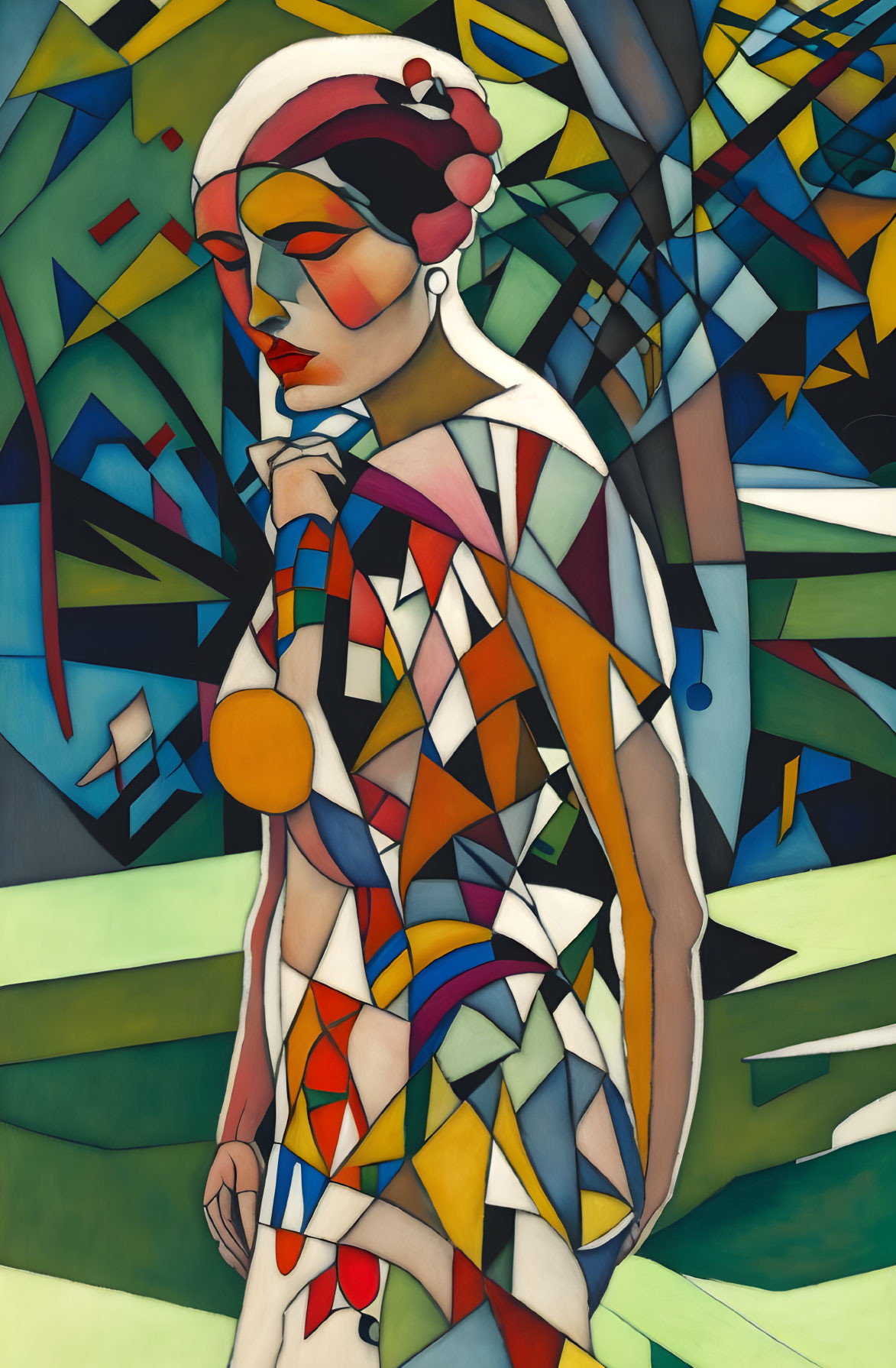 Colorful cubist-style painting of a woman with geometric patterns.