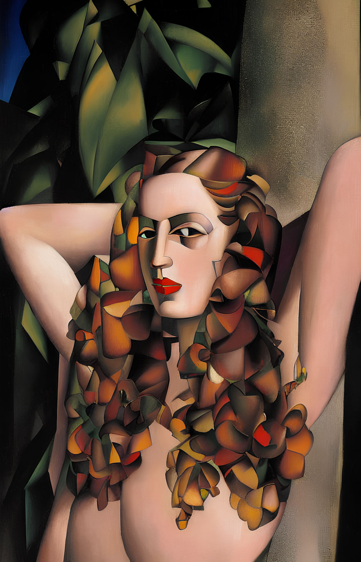 Stylized portrait of a woman with cubist influences and earthy tones.