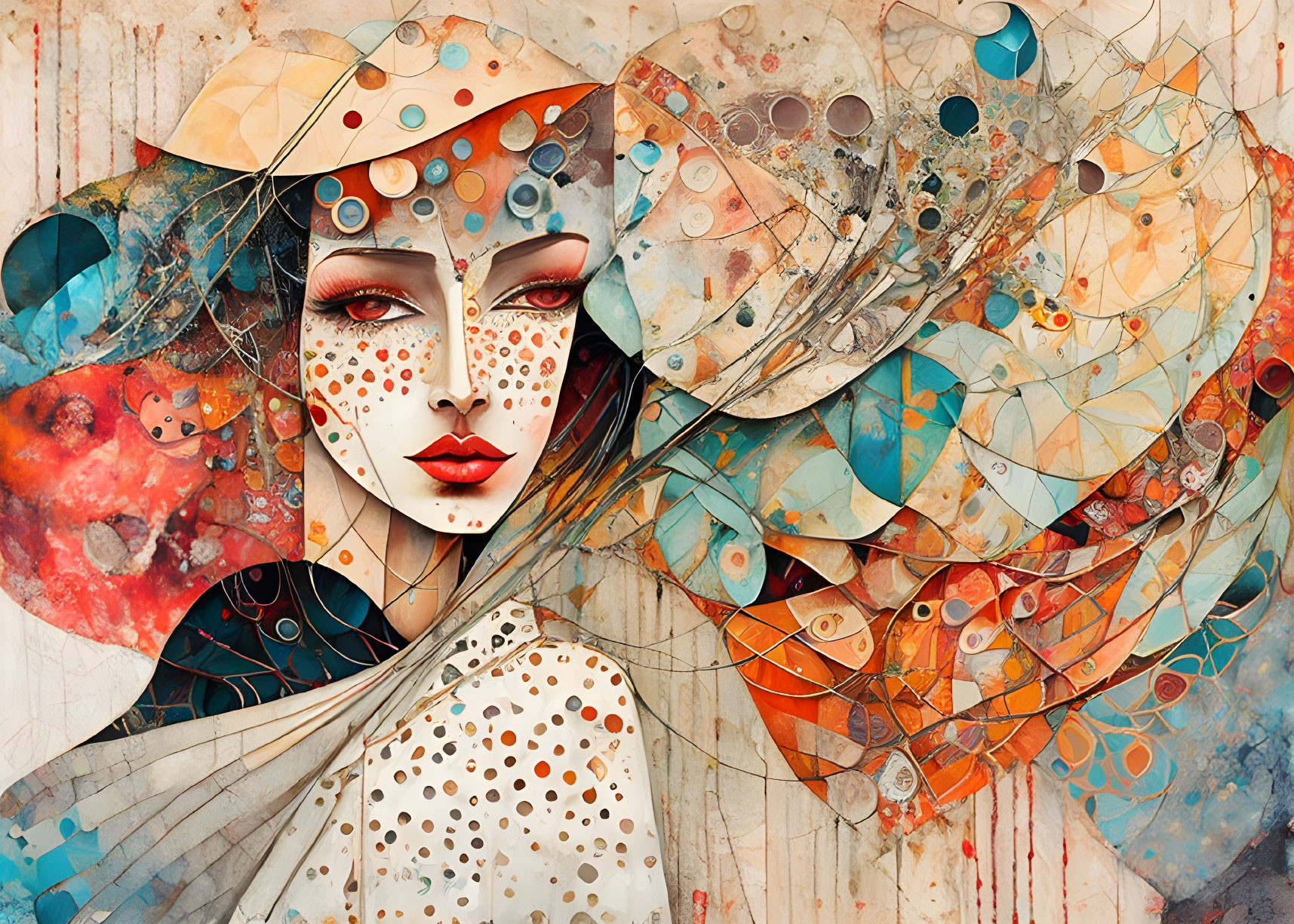 Colorful abstract art of woman's face with vivid makeup and geometric shapes