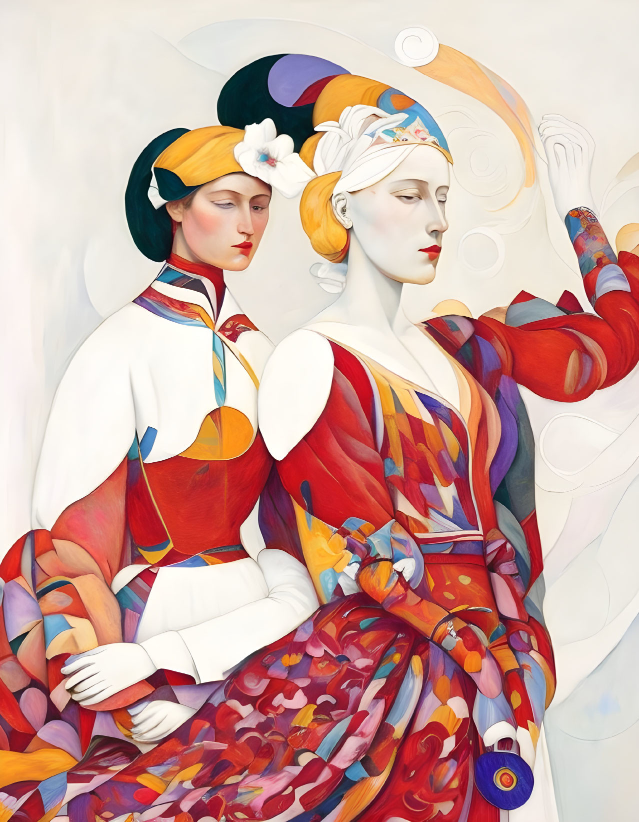 Abstract geometric patterns on stylized women in colorful attire