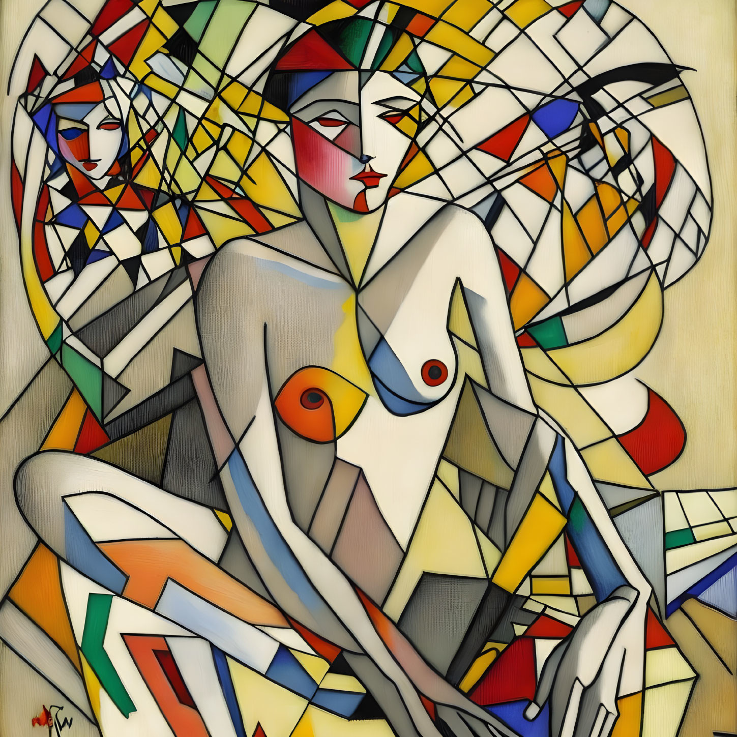 Colorful Cubist Art: Abstract Female Figure with Geometric Shapes