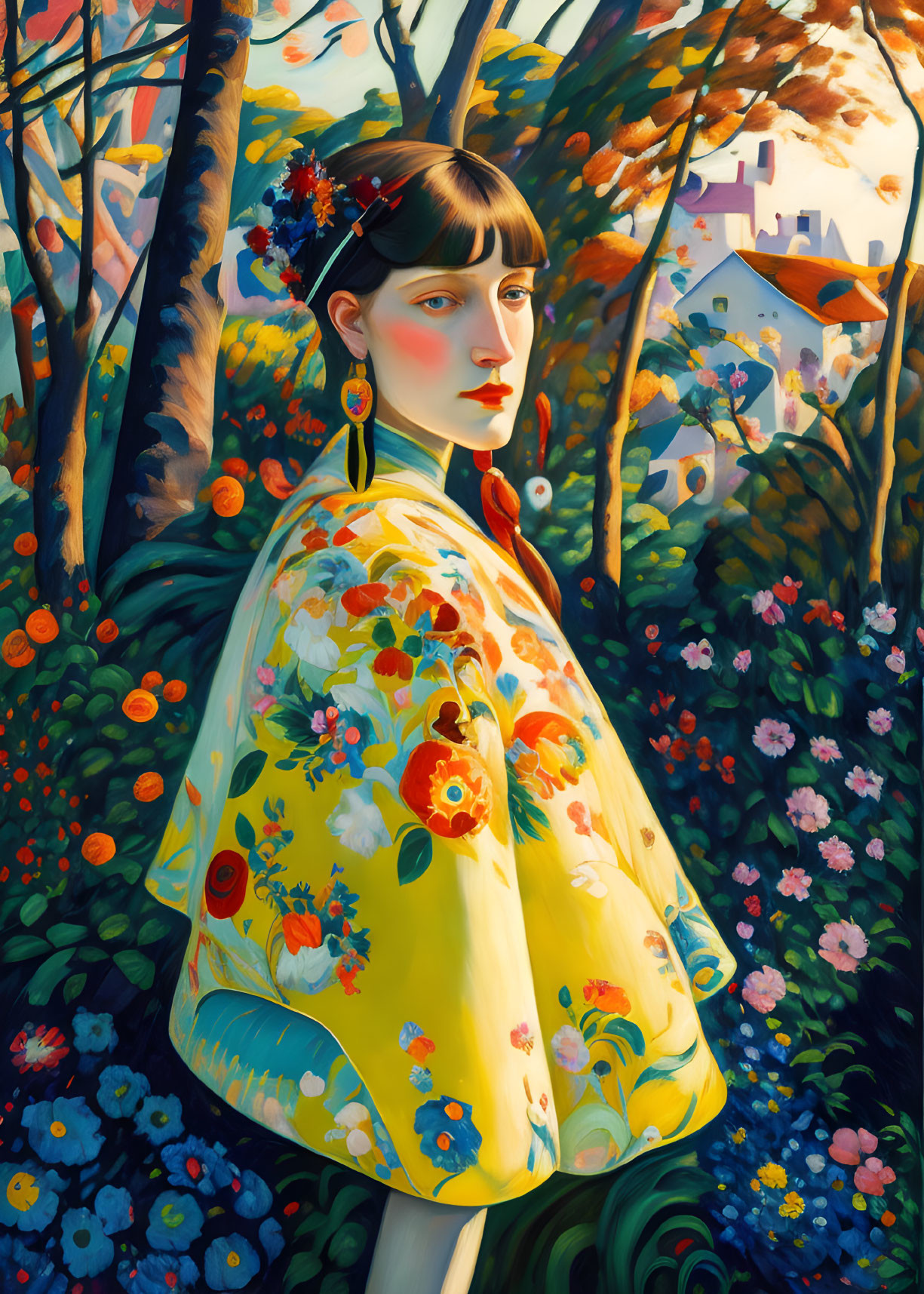 Colorful illustration: Woman with floral headpiece in garden village