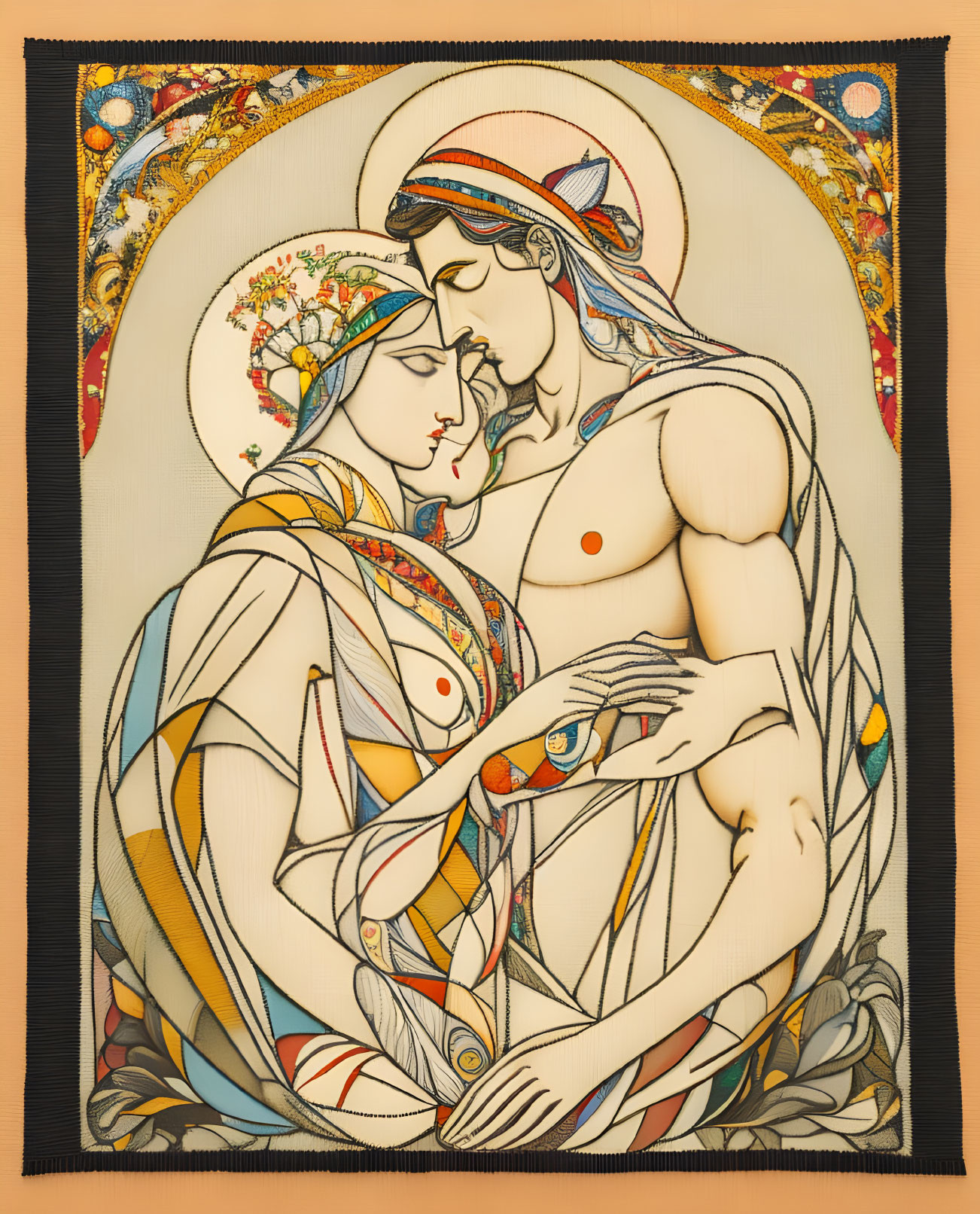 Embracing couple in Art Nouveau style with intricate patterns