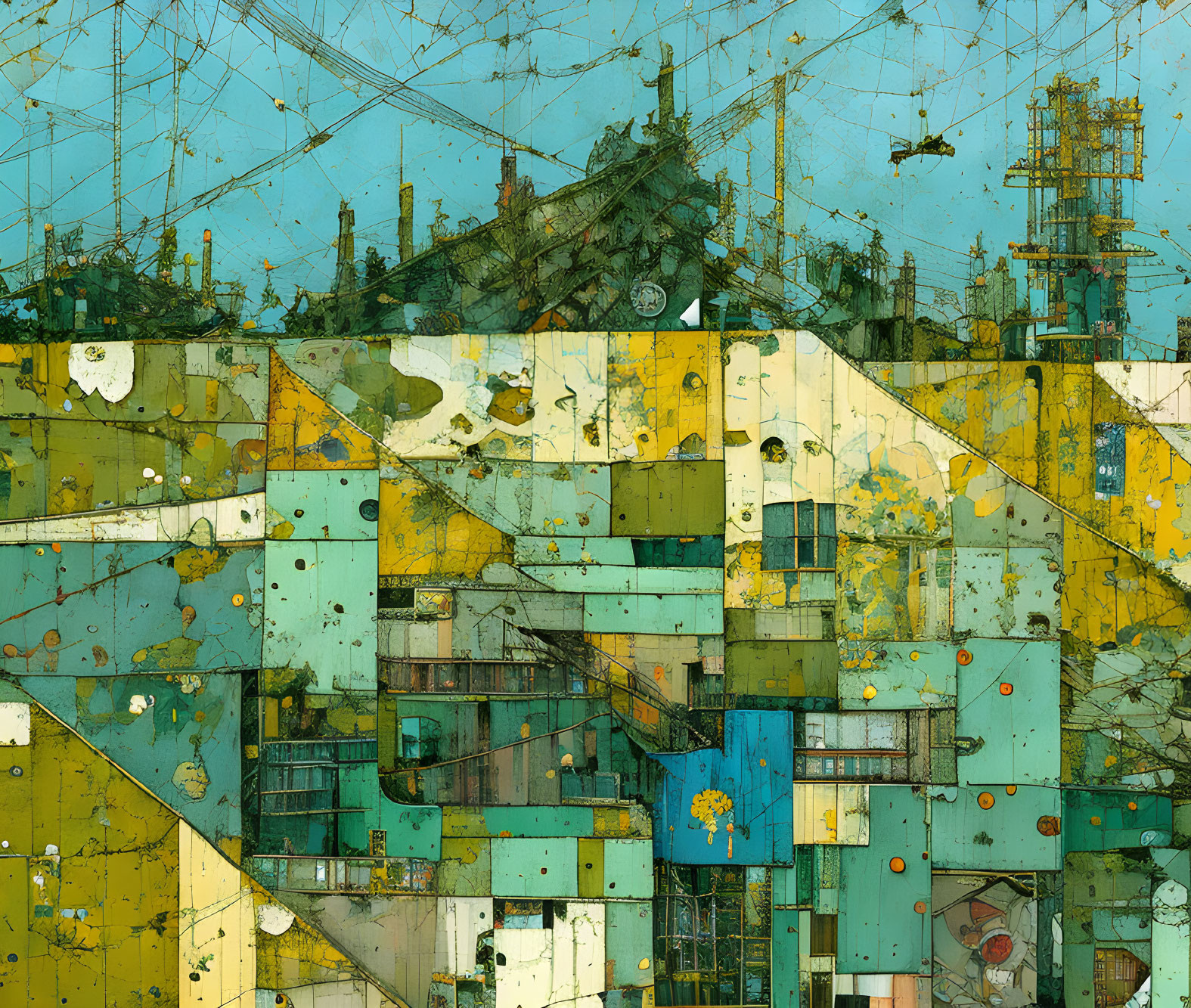 Abstract Geometric Artwork in Blue, Green, and Yellow with Urban Landscape Theme