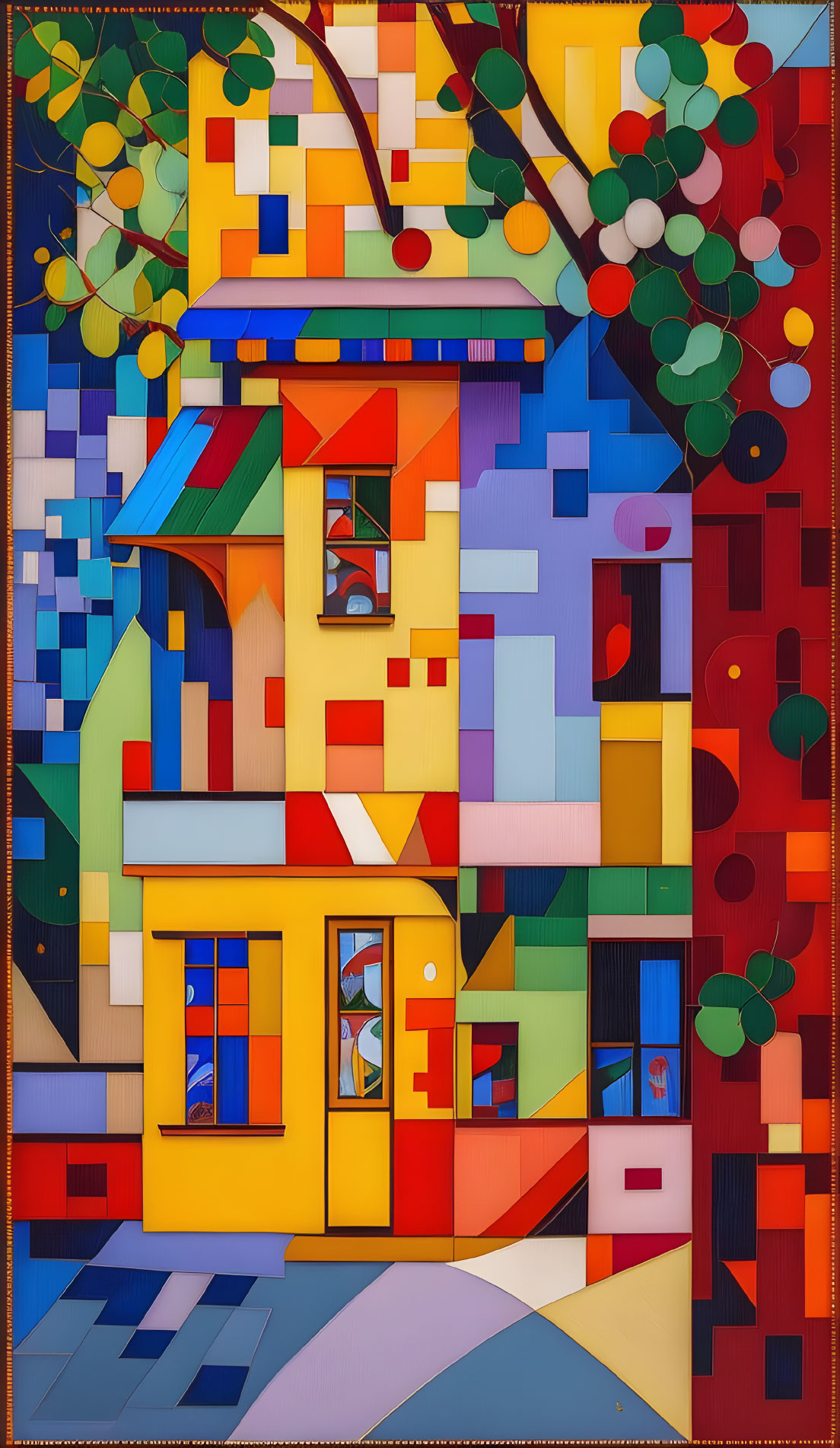 Abstract geometric painting of stylized house and patterns