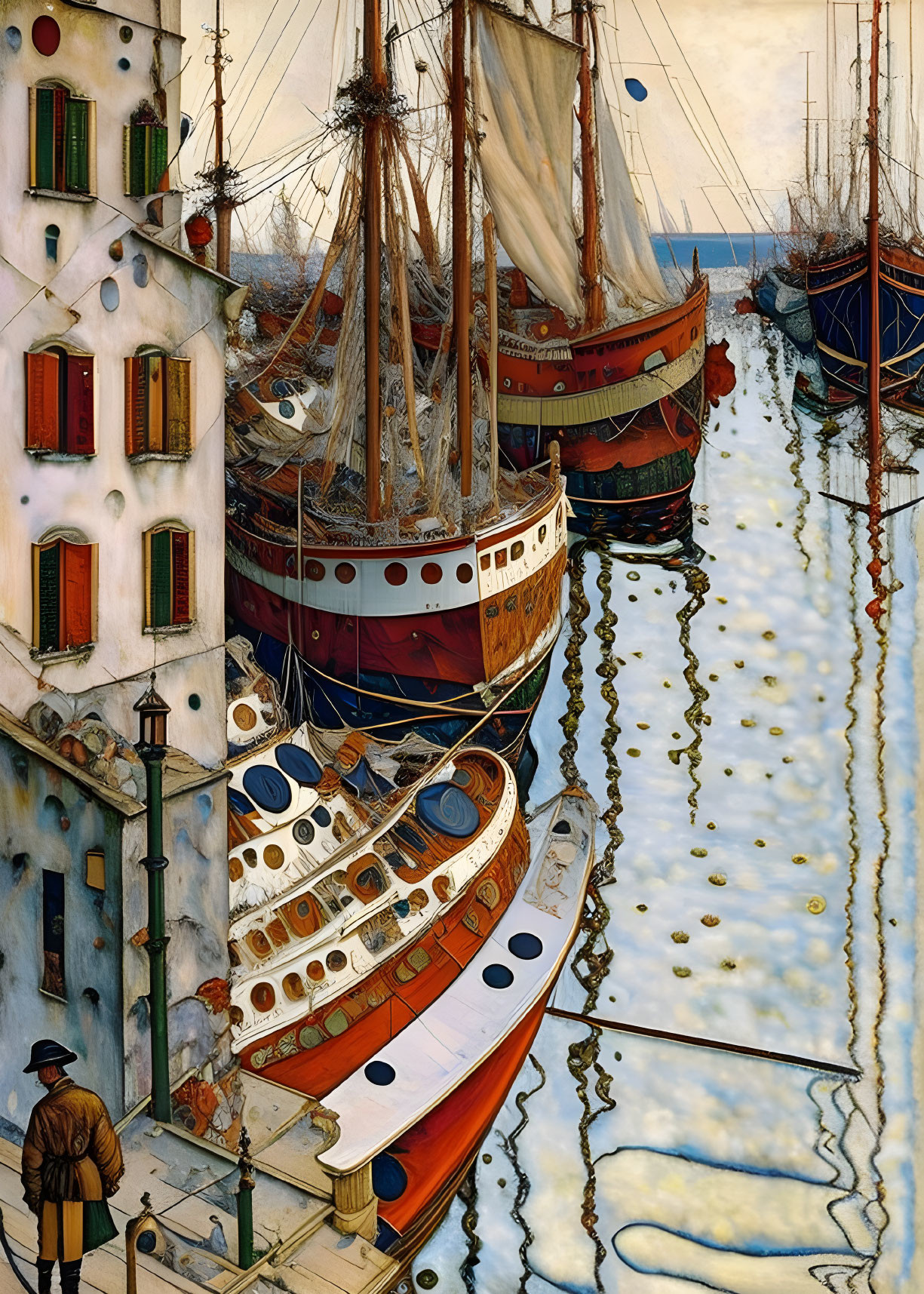 Historic ships by dock with colorful buildings and lone figure viewing water