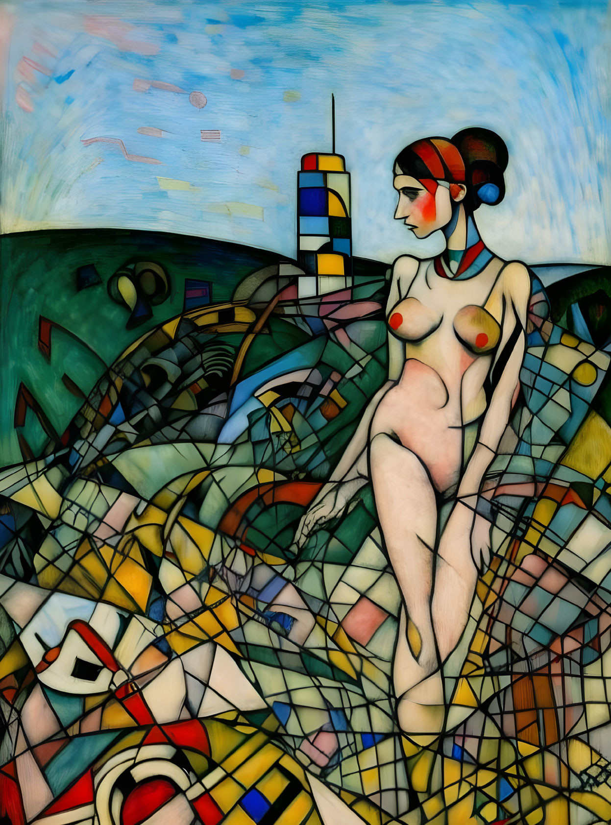 Stylized nude female figure with red cheeks on colorful abstract backdrop