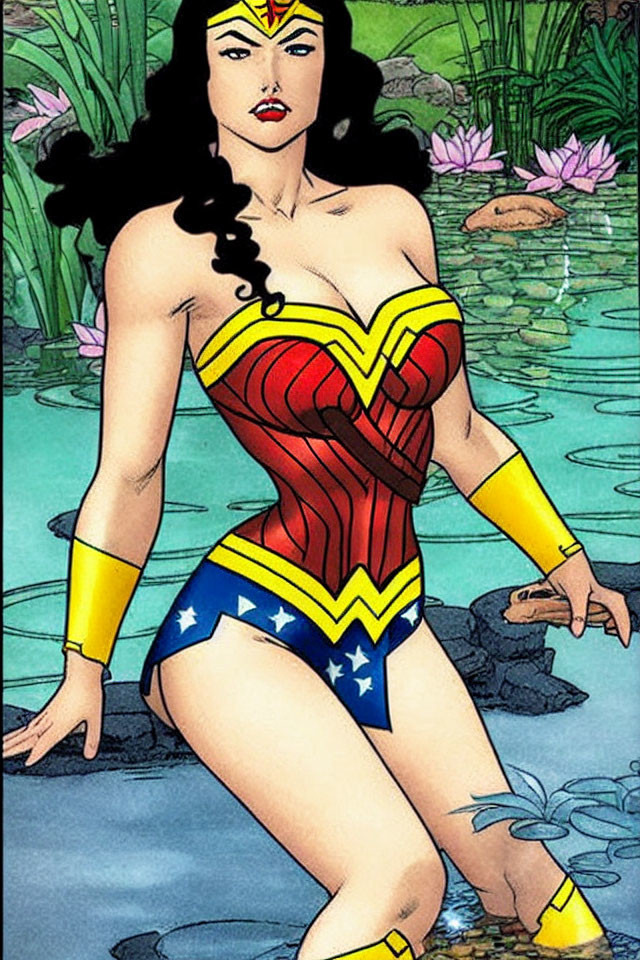 Illustration of Wonder Woman in classic costume by tranquil pond