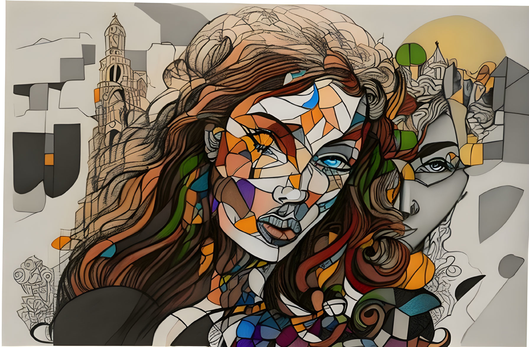 Abstract Cubist-Style Painting: Fragmented Woman's Face with Geometric Shapes