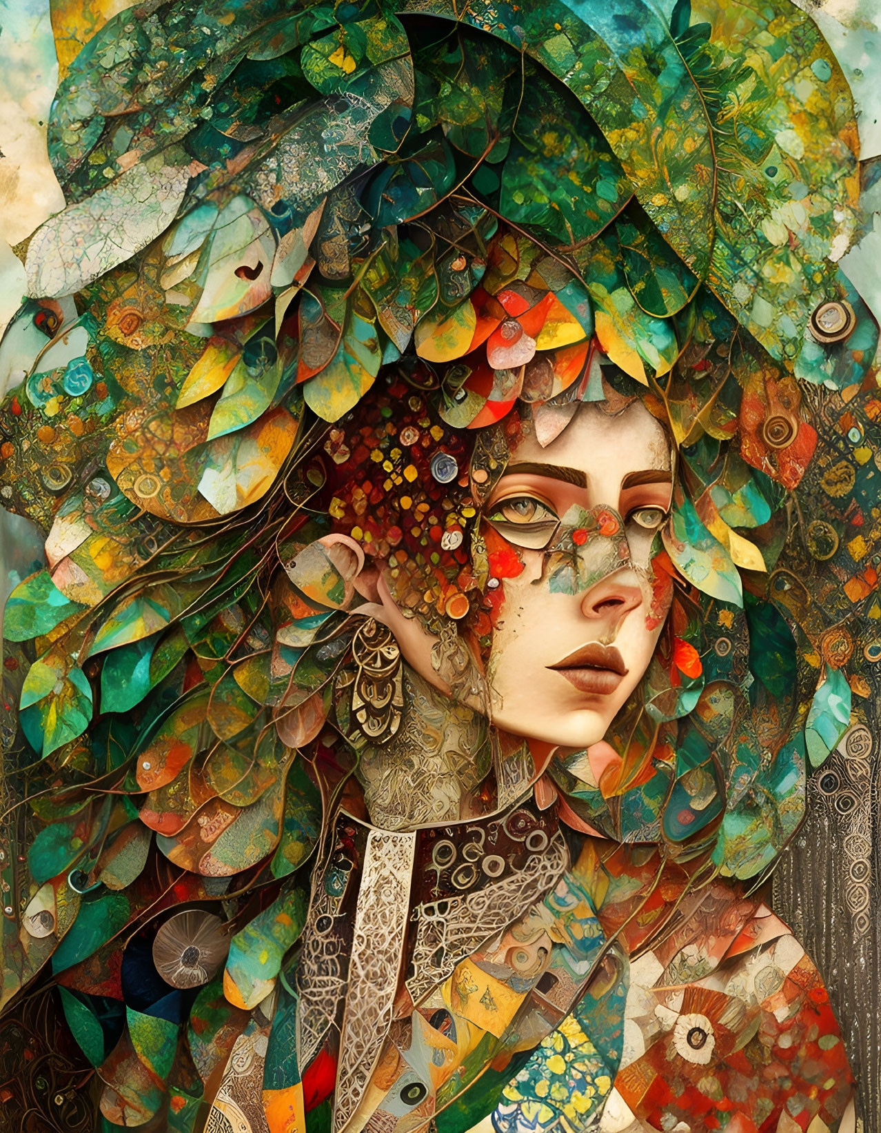 Colorful digital artwork: Woman with ornate leaf and mechanical headdress