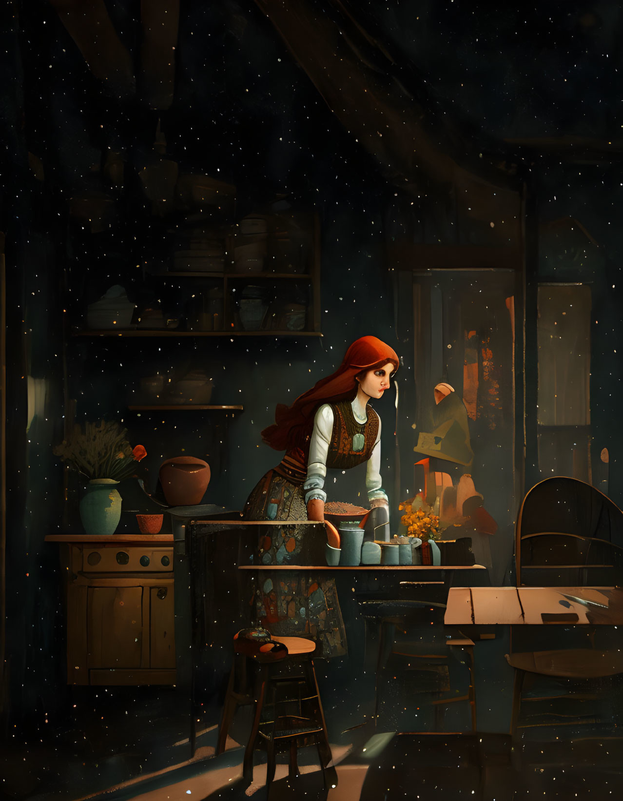 Red-Haired Woman in Cozy Kitchen with Starry Night View