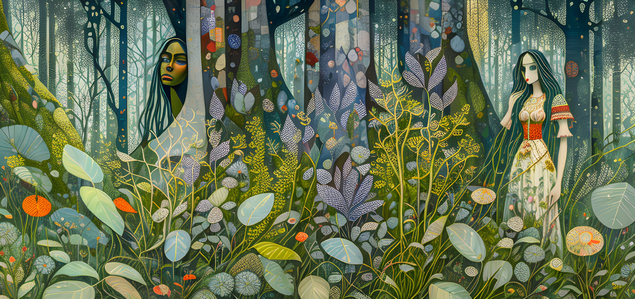 Stylized women in vibrant forest setting with patterned leaves