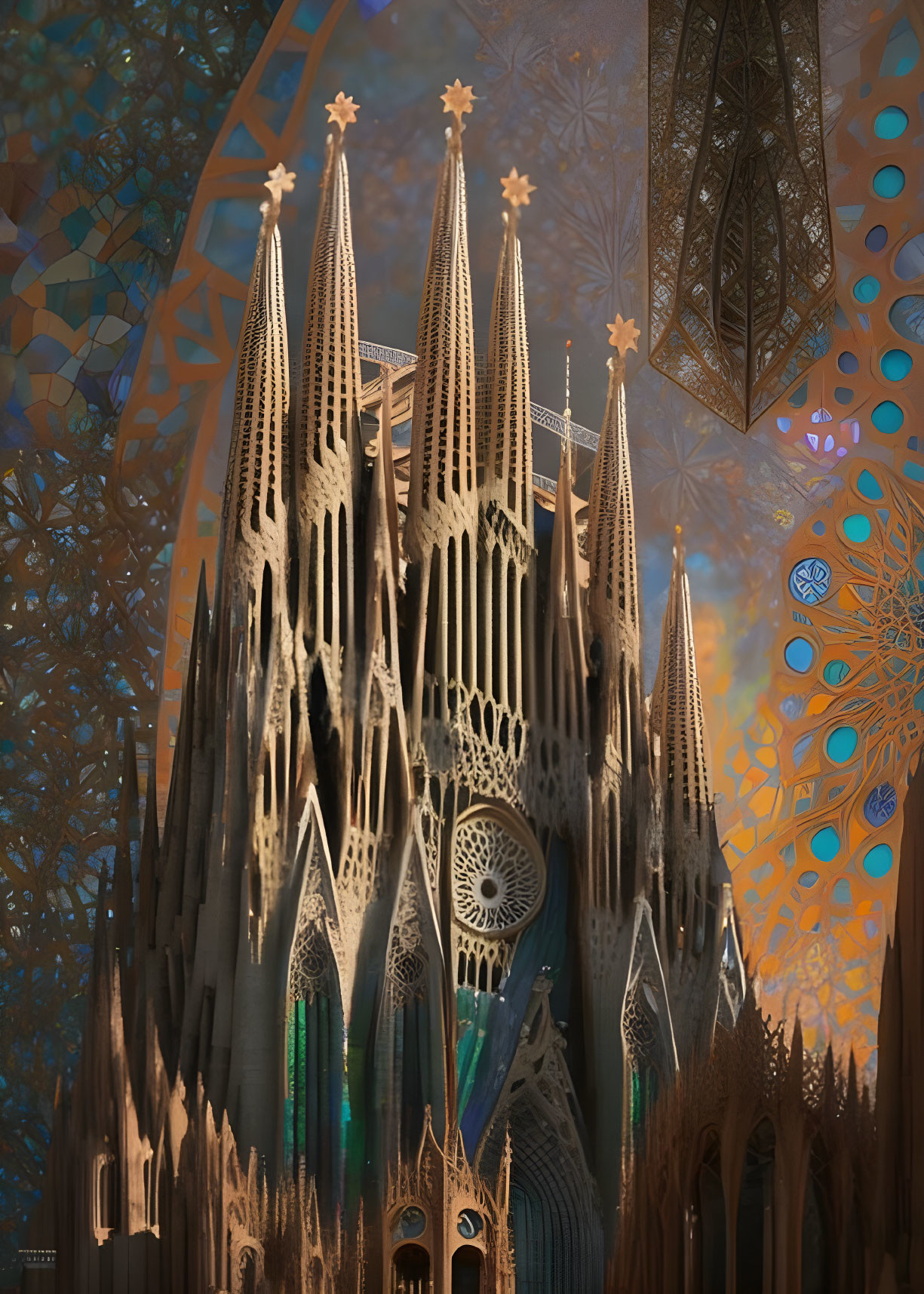 Intricate cathedral with soaring spires and vibrant stained glass