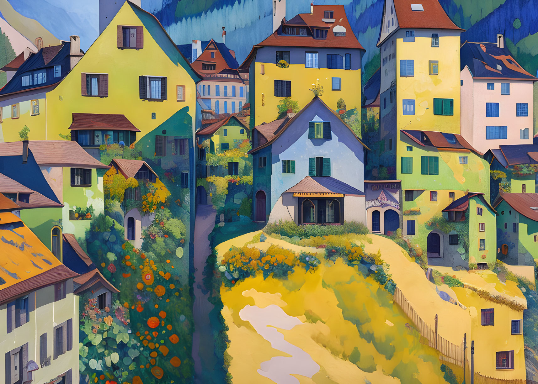 Vibrant village scene with colorful houses and green hills