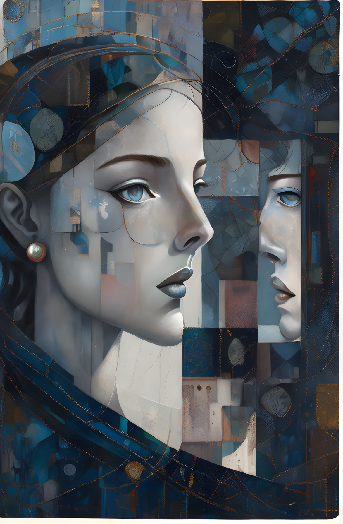 Cubist-style artwork featuring two merging female faces in profile