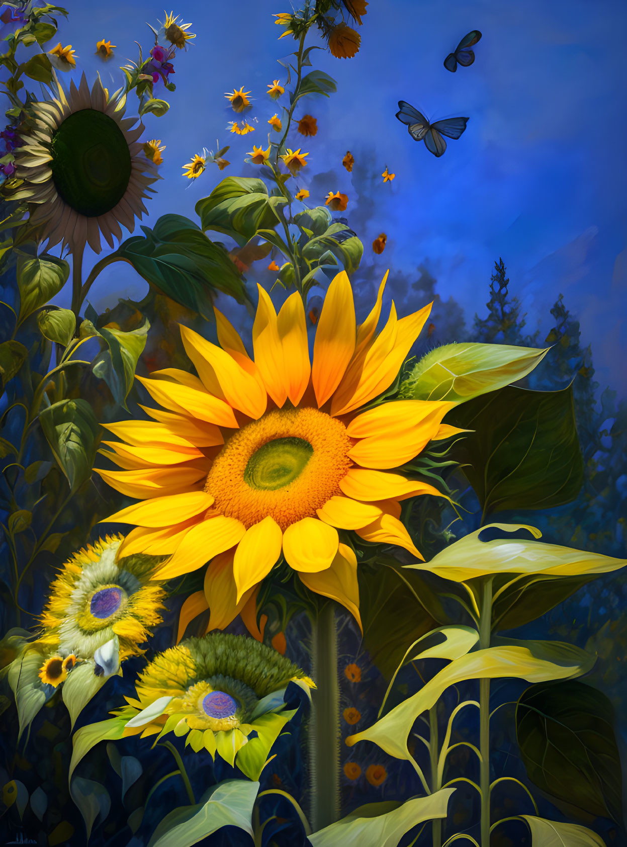 Sunflowers in various stages of bloom with butterfly, twilight sky.