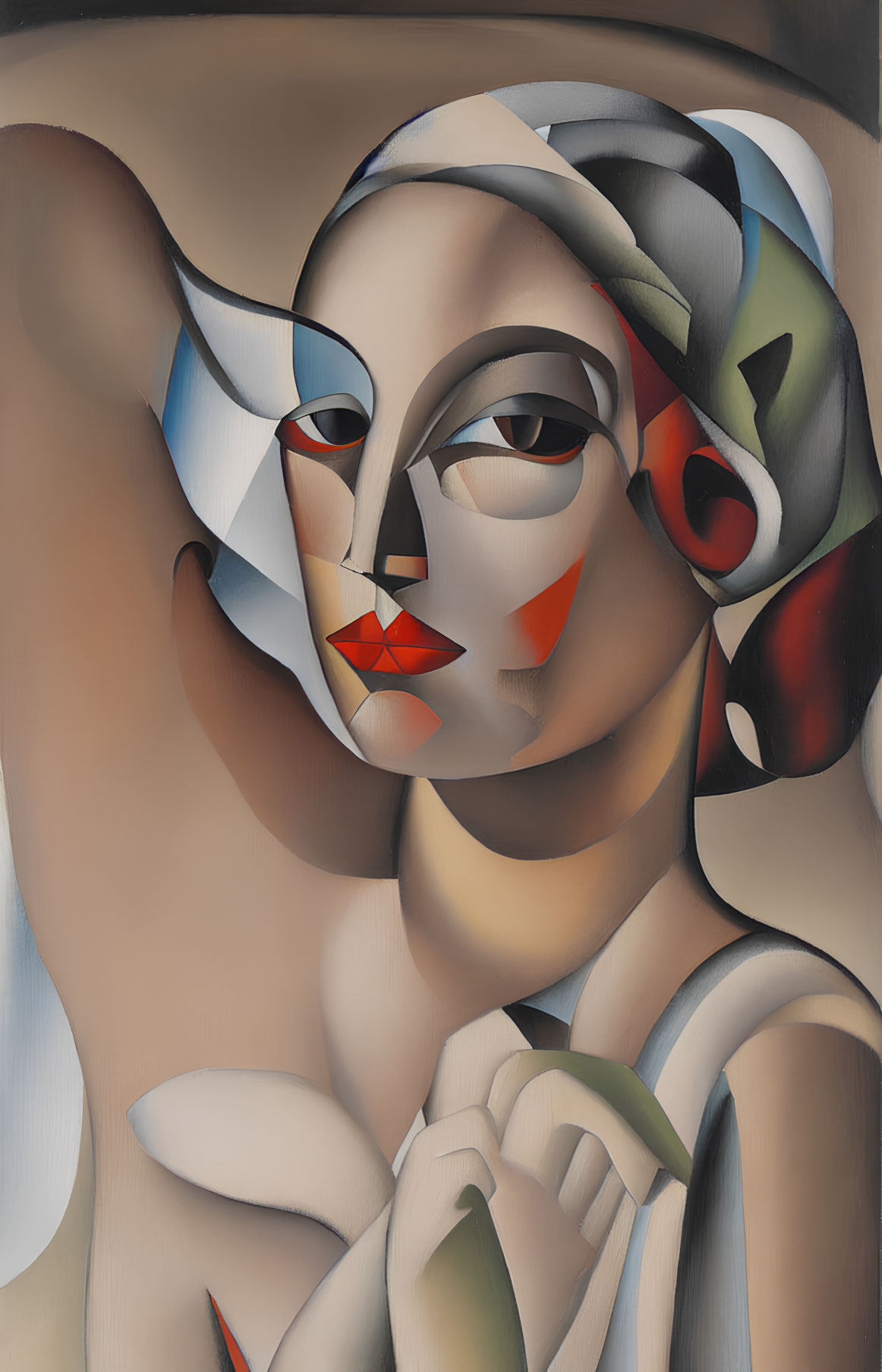 Abstract portrait of stylized female figure in muted earth tones with pops of red