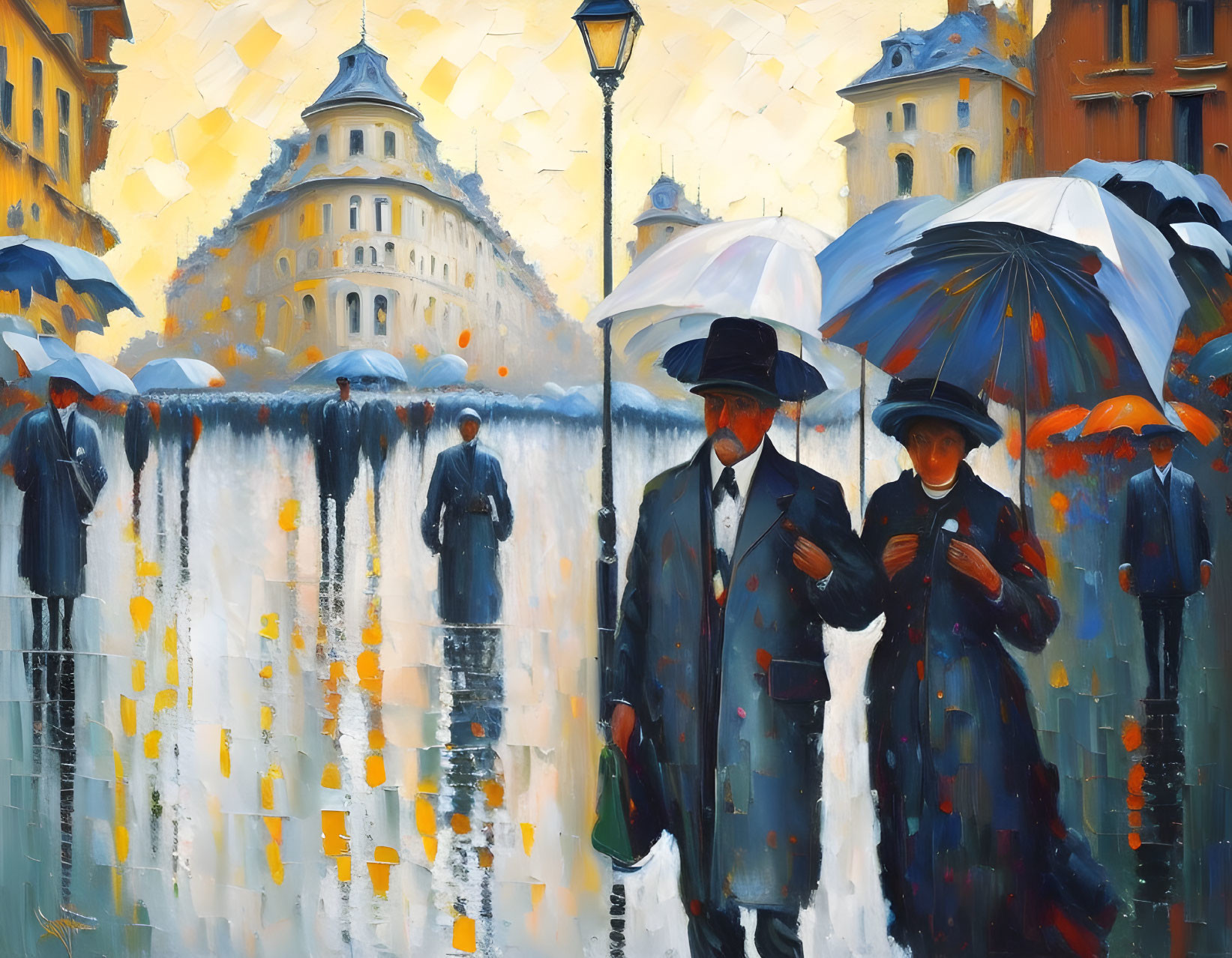 Vibrant impressionistic painting of elegantly dressed figures with umbrellas on rain-slicked street