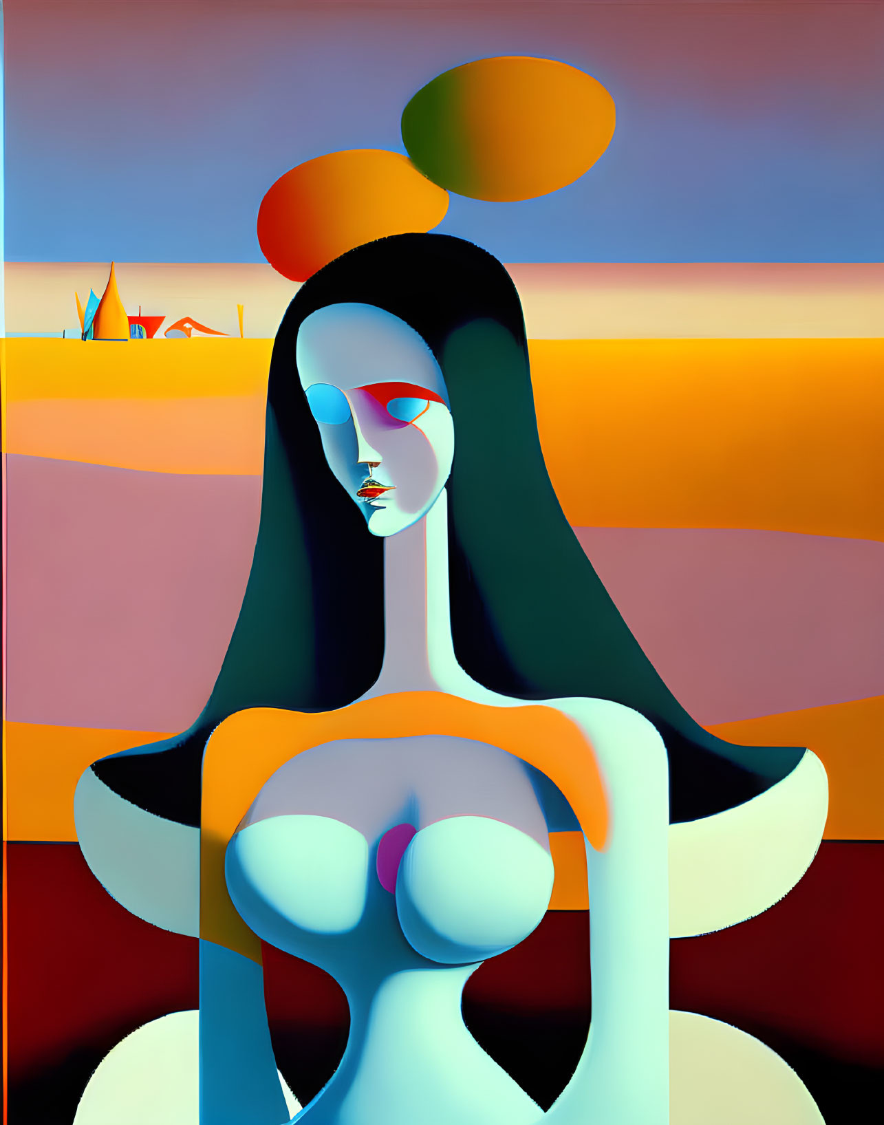 Colorful abstract art: stylized female figure in vibrant colors against desert backdrop