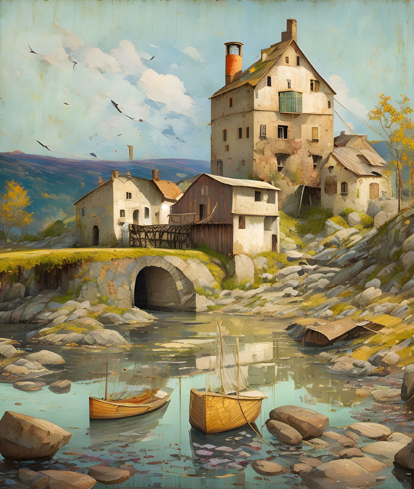 Tranquil scene: old stone house by creek with sailboats, nature, sunny sky.