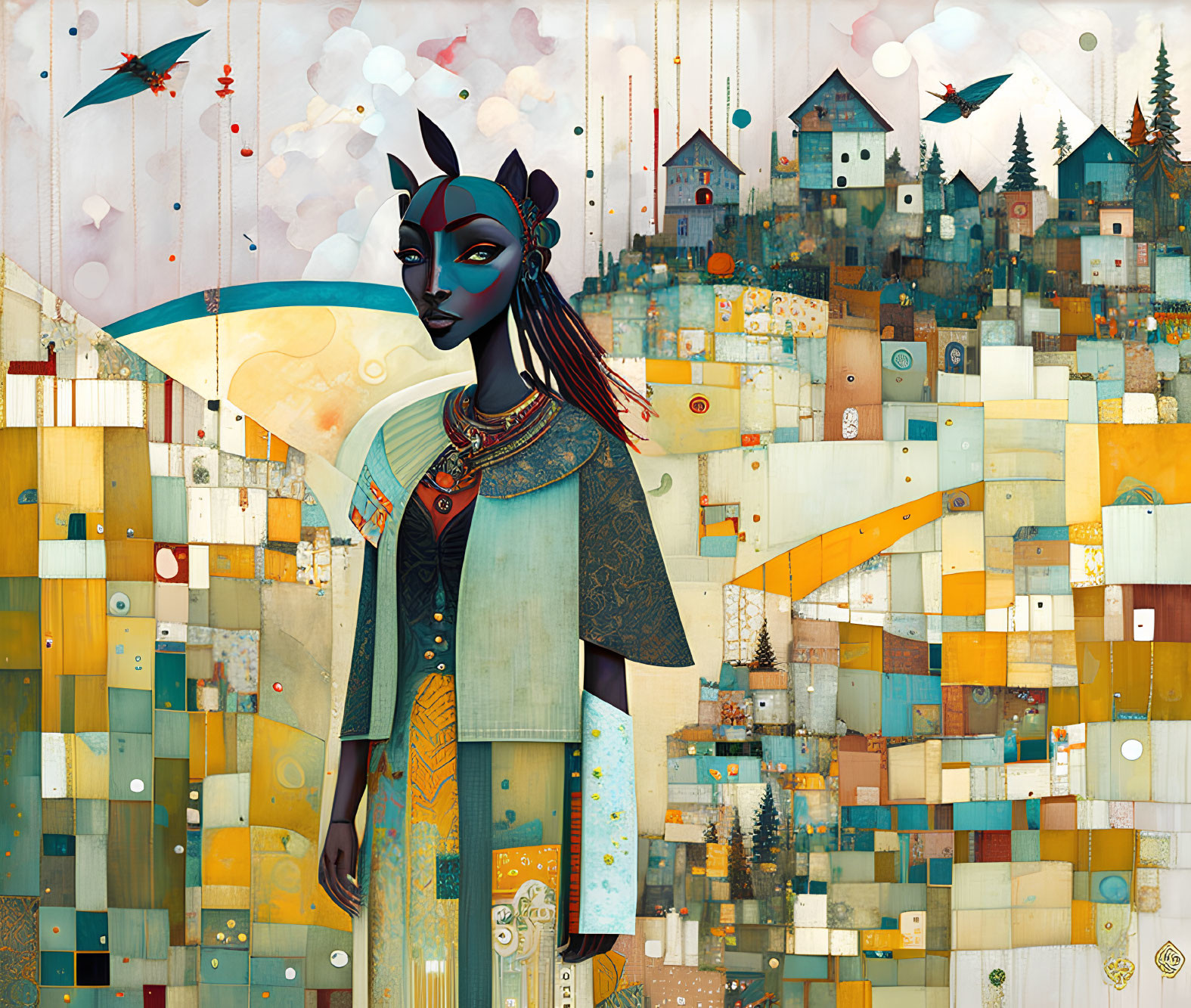 Blue-skinned female figure in patchwork landscape with birds and houses