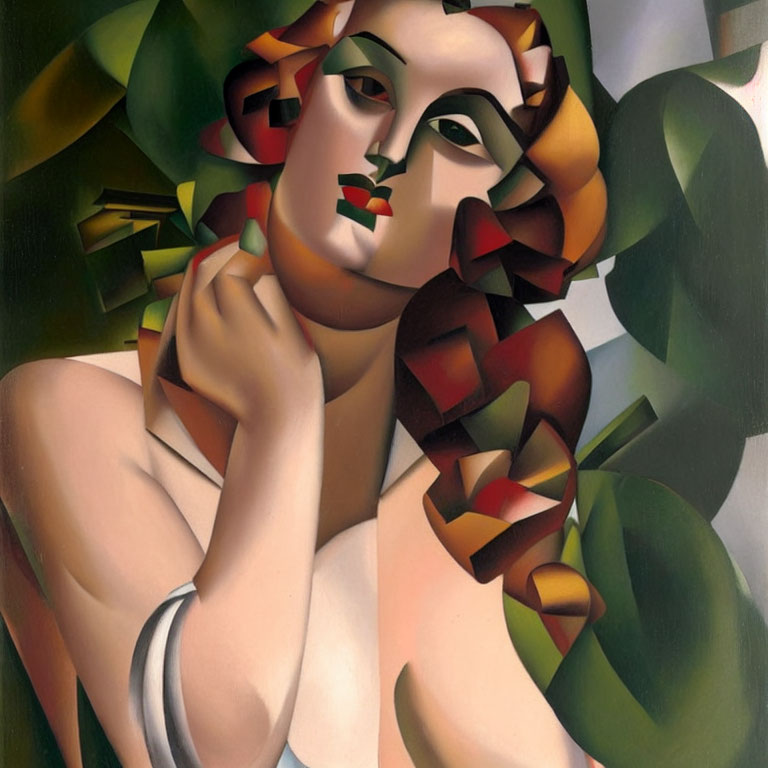 Cubist-style Woman Painting in Greens, Whites, and Browns