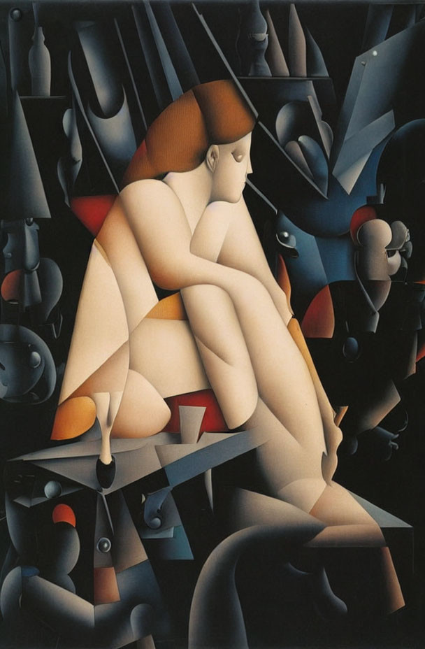 Abstract Cubist-style Nude Figure Painting with Geometric Forms