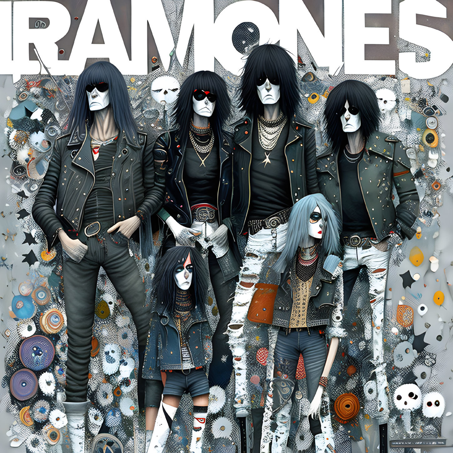 Stylized figures in blue hair and punk outfits against RAMONES backdrop