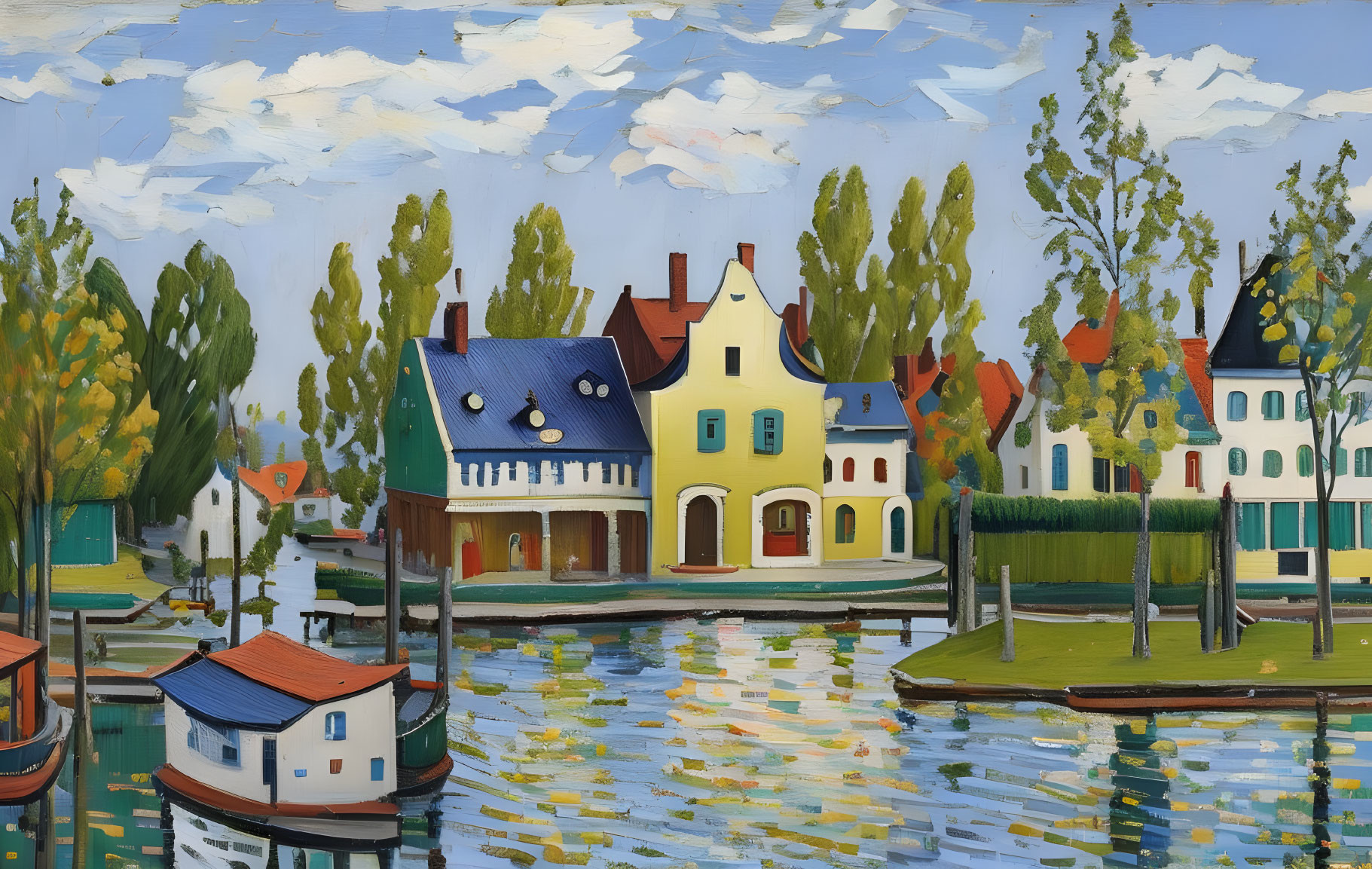 Vibrant painting of quaint riverside houses under blue sky