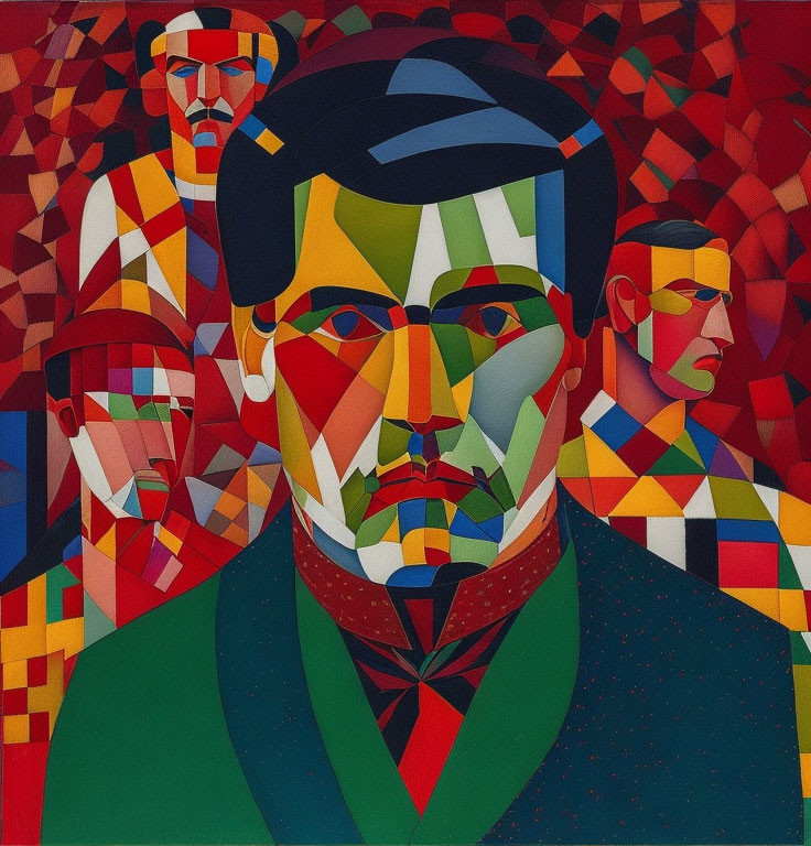 Colorful geometric portrait with central figure and abstract shapes hinting at cubist style