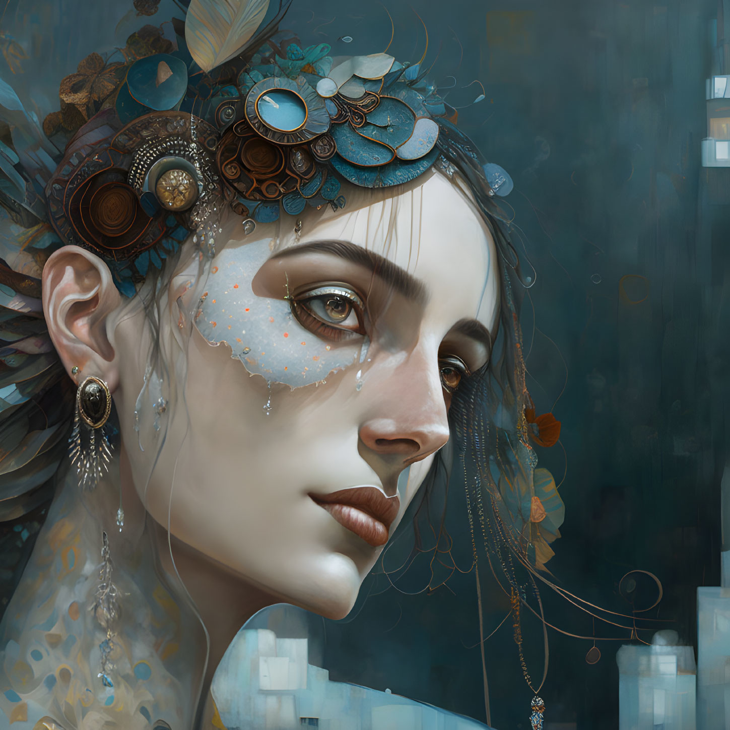 Digital artwork featuring woman with ornate headpieces, intricate face paint, and cityscape.