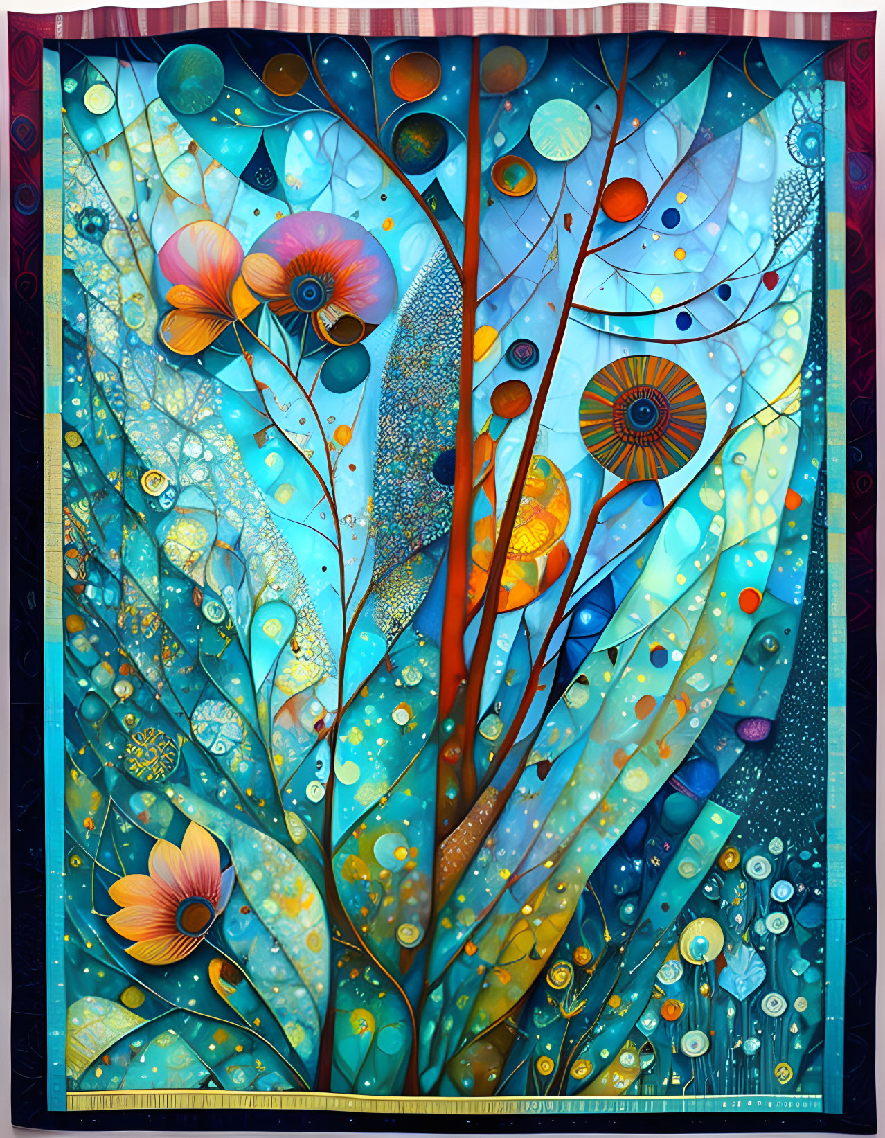 Colorful painting of stylized trees with whimsical branches and playful orbs on blue background