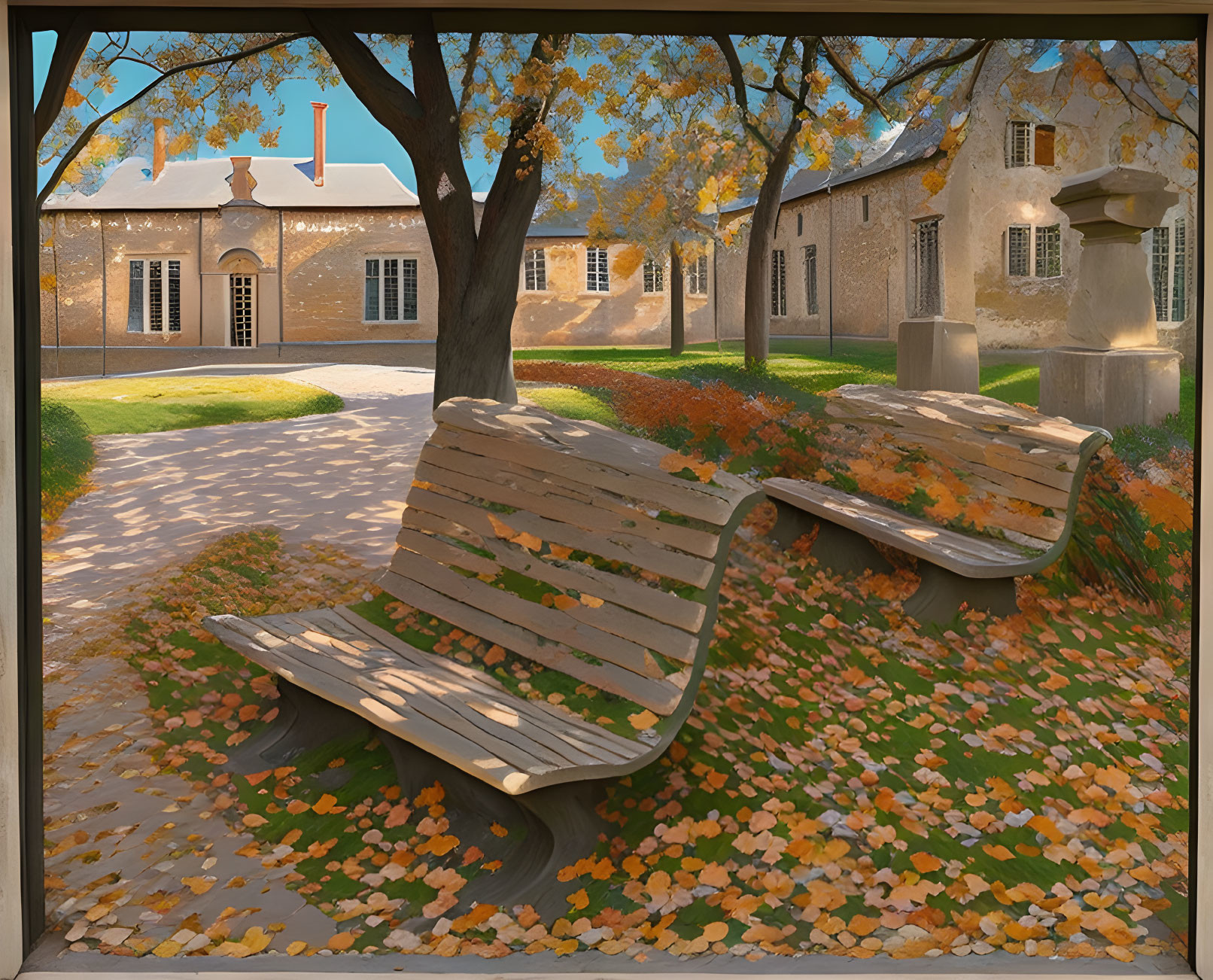 Courtyard with benches, fallen leaves, trees, and old stone building