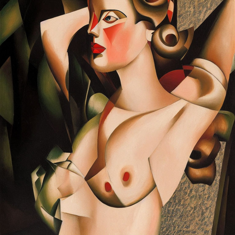 Abstract Cubist Painting of Female Form in Earth Tones & Red