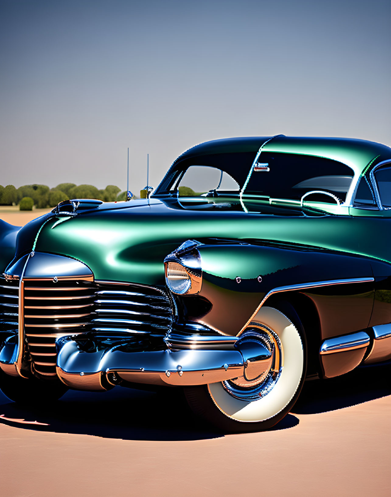 Vintage two-tone car with chrome details and white-wall tires on minimalist backdrop