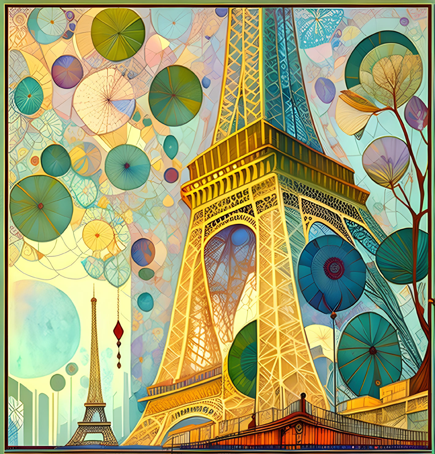 Colorful Stylized Eiffel Tower Illustration with Vibrant Circles