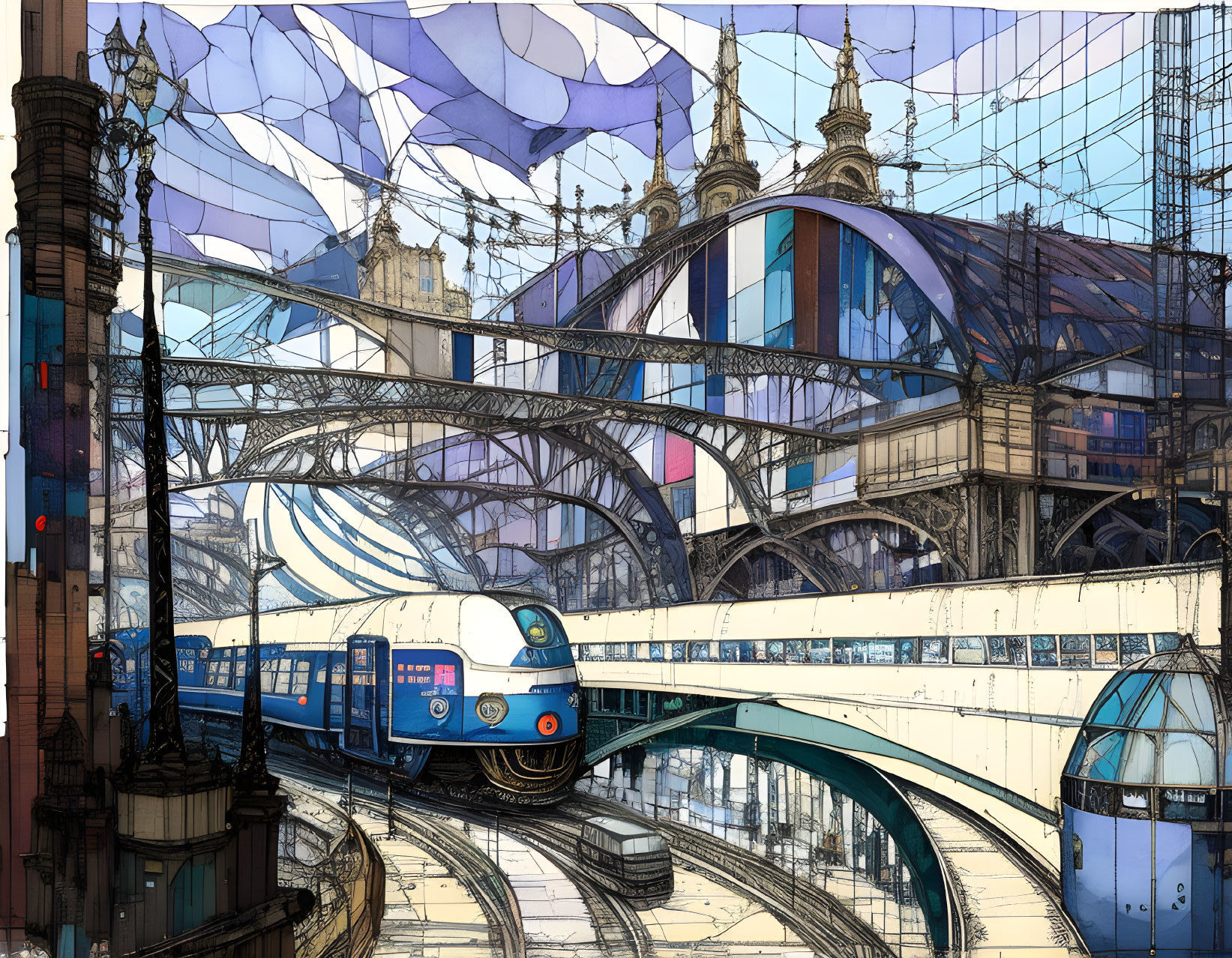 Futuristic Train Station Illustration with Blue Train and Metallic Structures