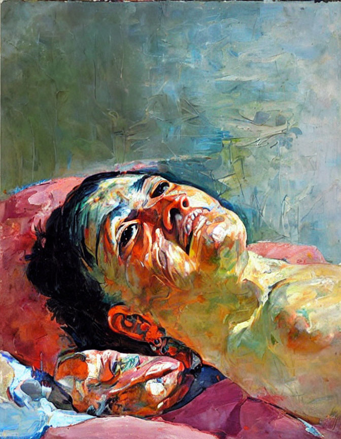 Vivid expressionist painting of reclining figure with warm and cool tones