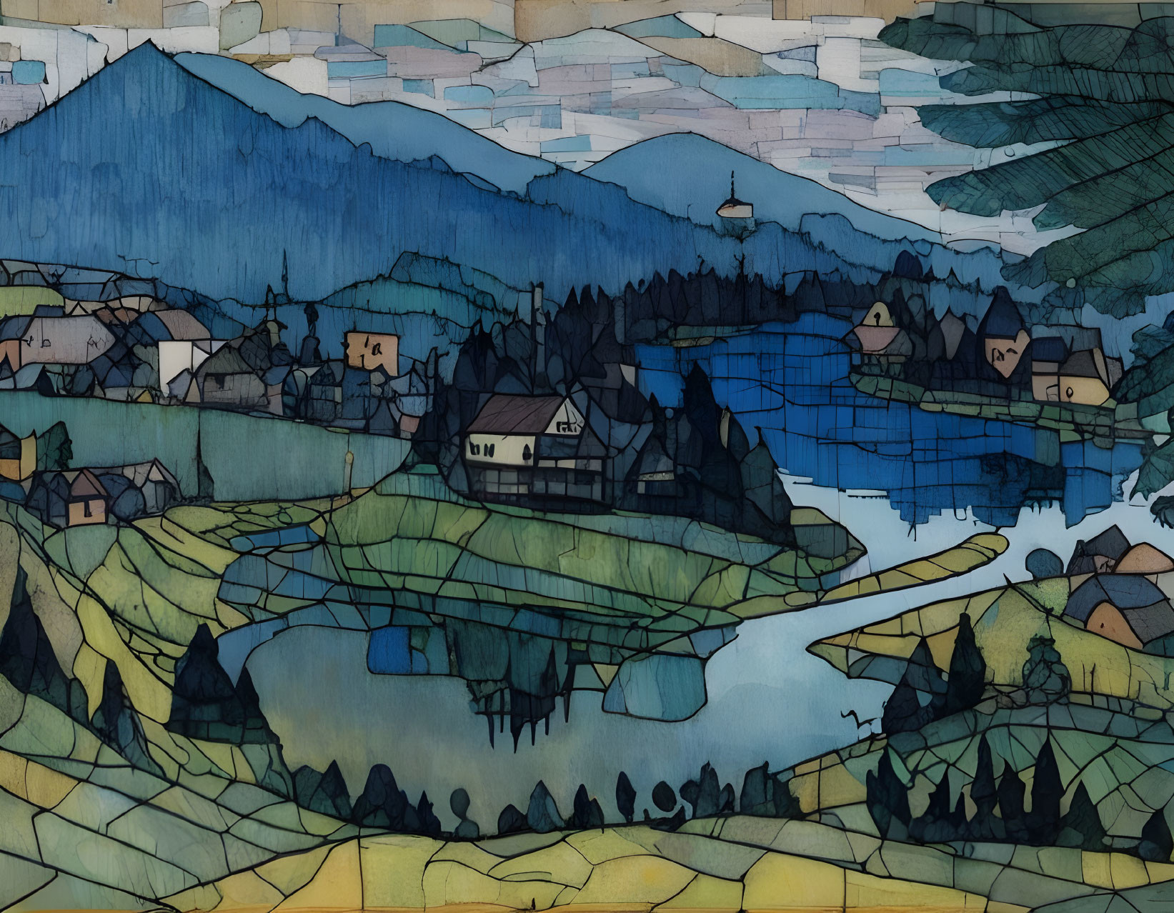 Scenic painting of village nestled in rolling hills and tranquil river